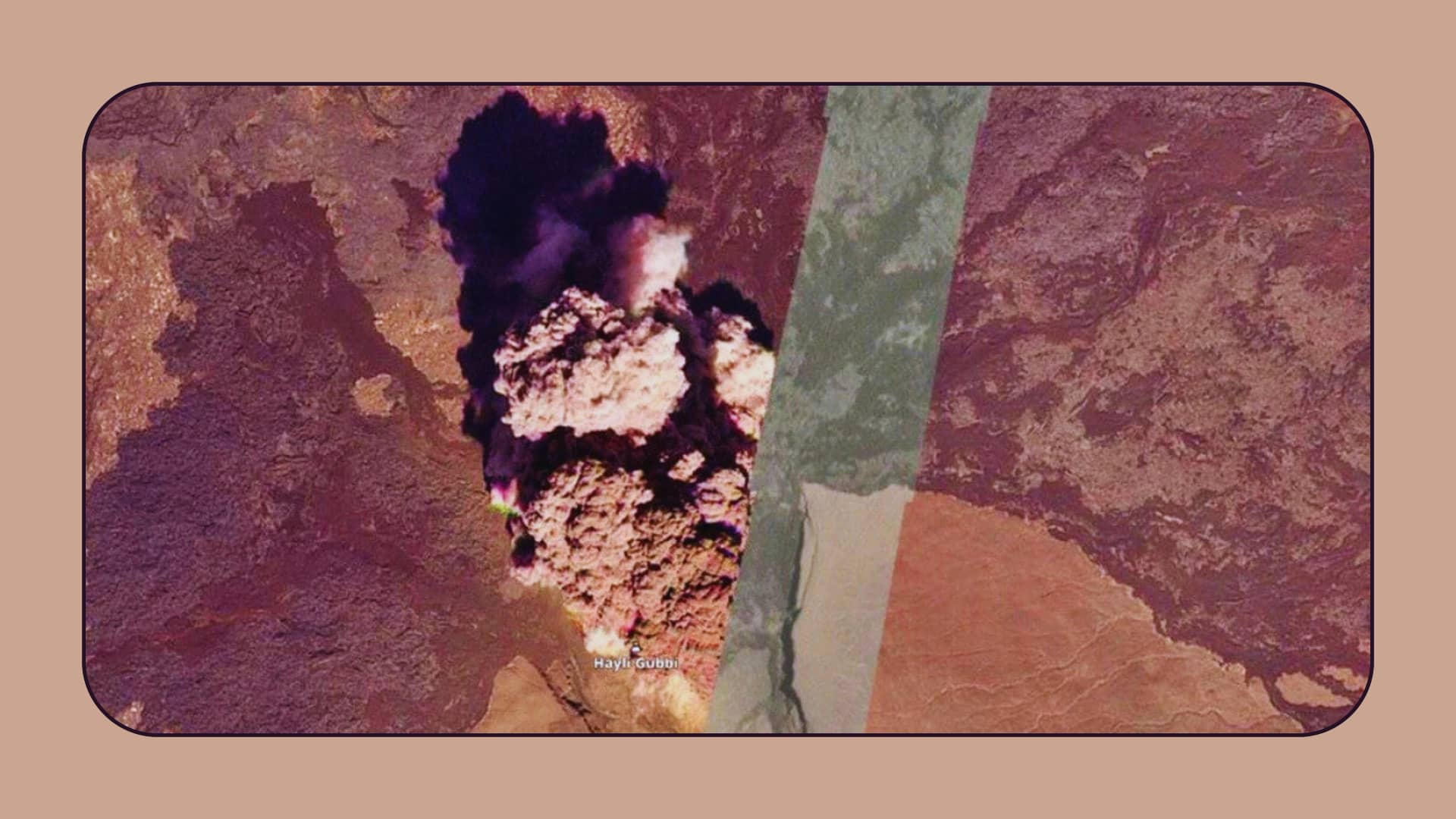 Aerial view of the Hayli Gubbi volcano erupting with dark ash clouds over Ethiopia