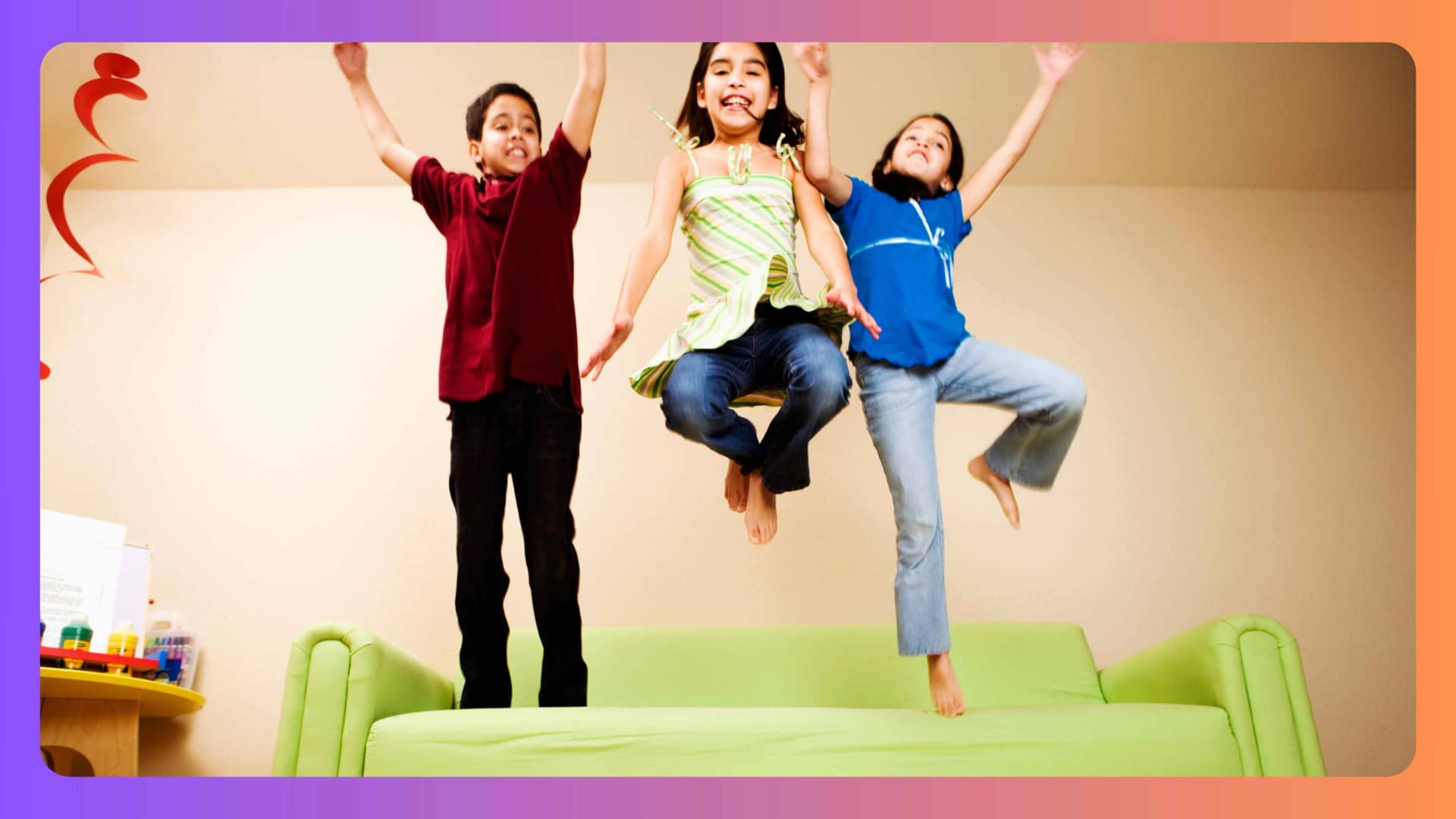 Energetic children expressing movement at home in a safe, supportive environment