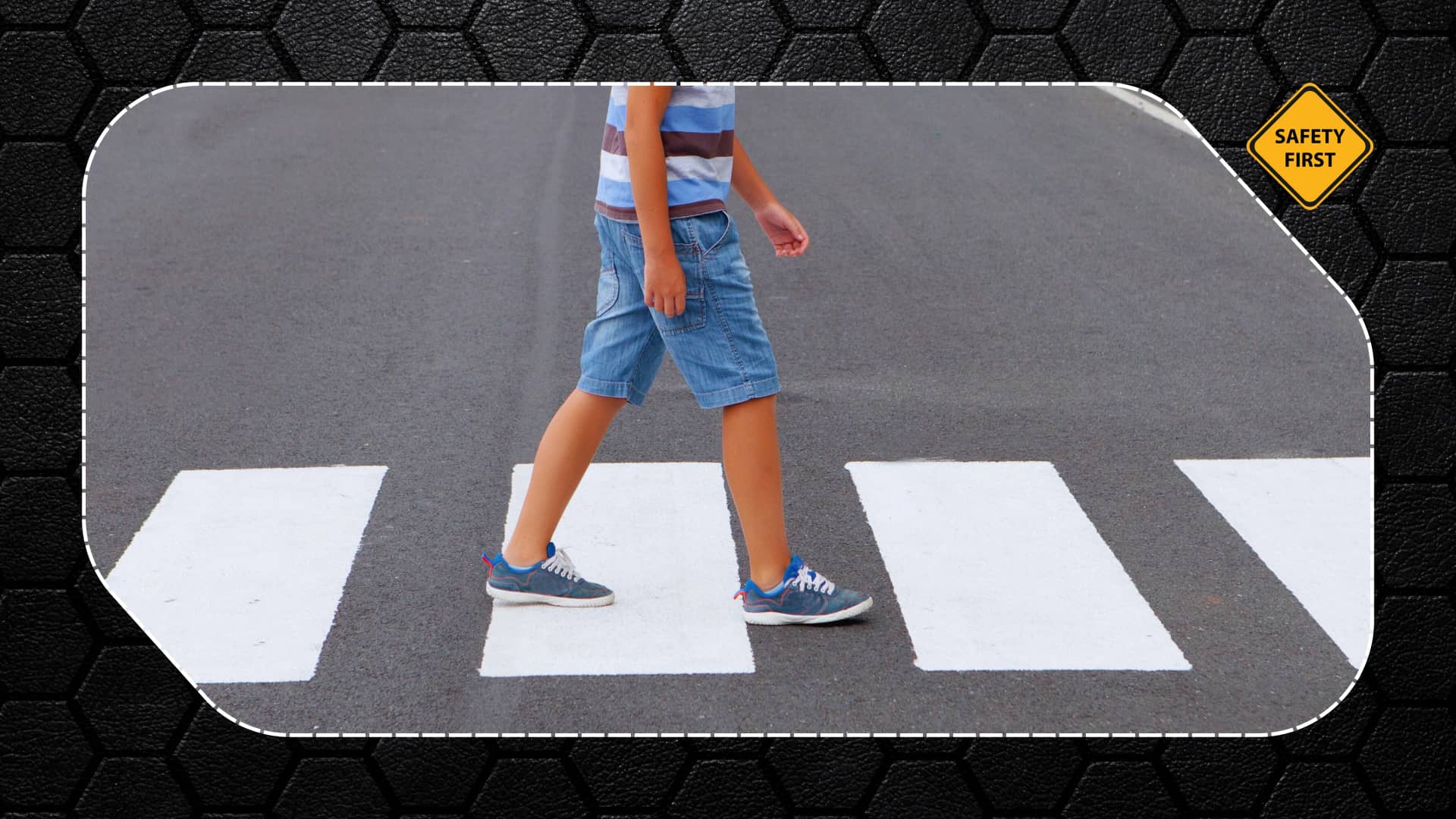 Child walking safely across a zebra crossing, demonstrating basic pedestrian road safety habits.