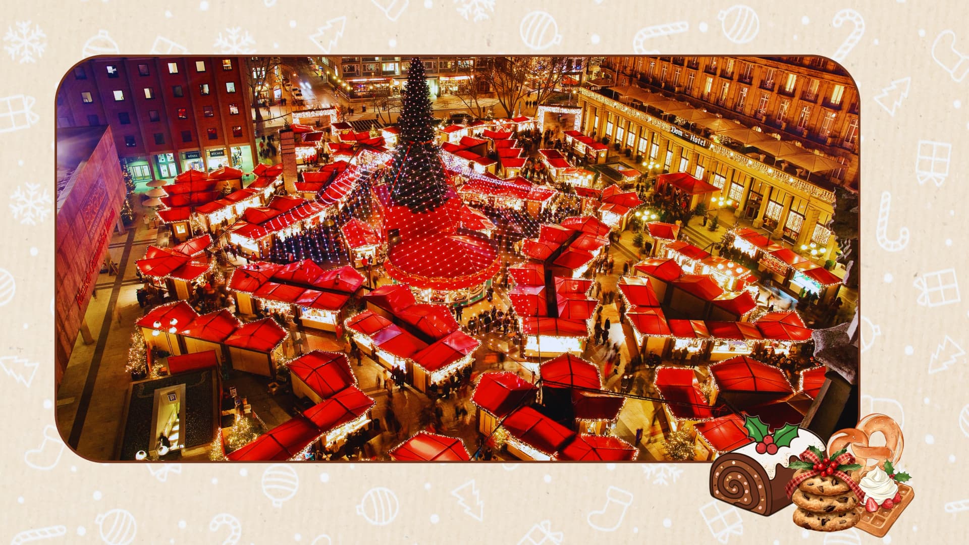 A vibrant aerial view of a Christmas market with stalls, Christmas tree, festive lights and bustling crowds.
