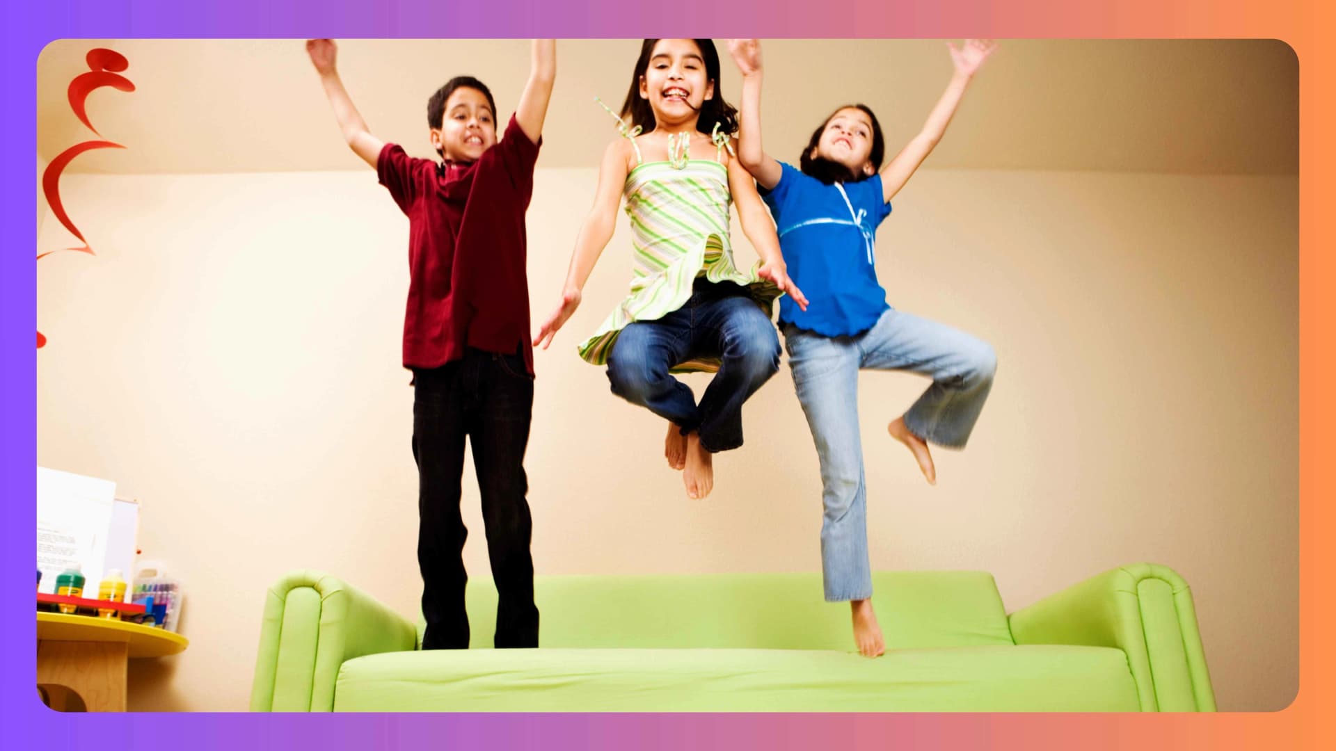 Energetic children expressing movement at home in a safe, supportive environment
