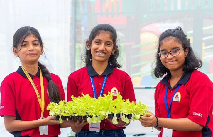 Three students proudly hold a tray of fresh green plants during a horticulture activity, showcasing their gardening efforts with bright smiles.