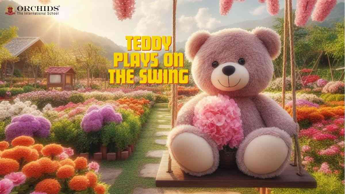 teddy plays on swing
