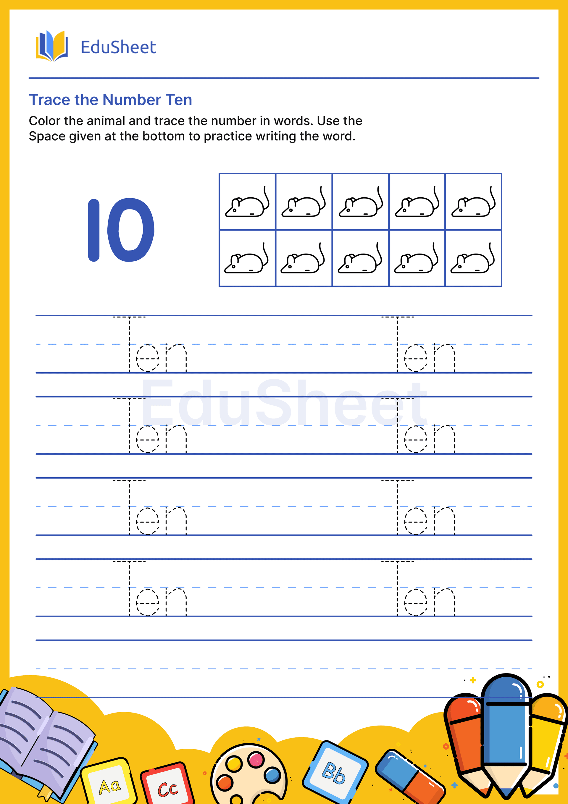 Trace Animal Numbers in Words "Ten"