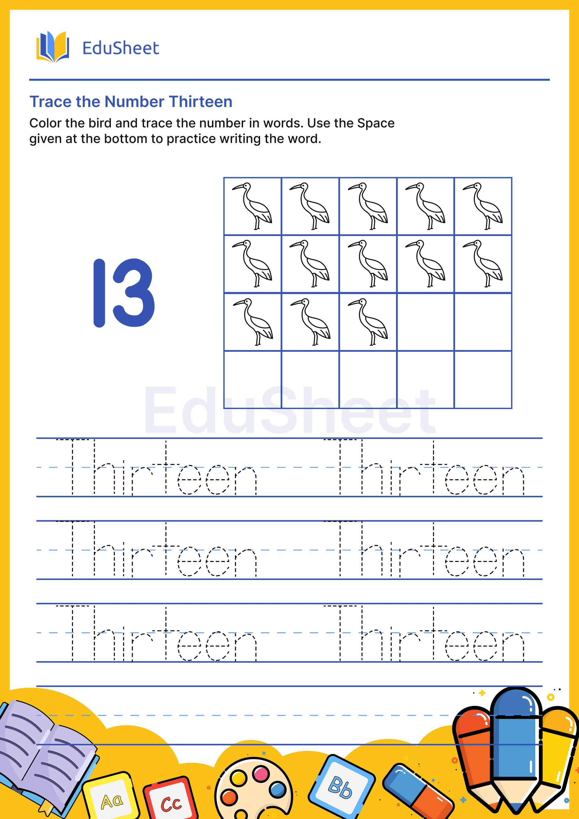 Trace Bird Numbers in Words "Thirteen"