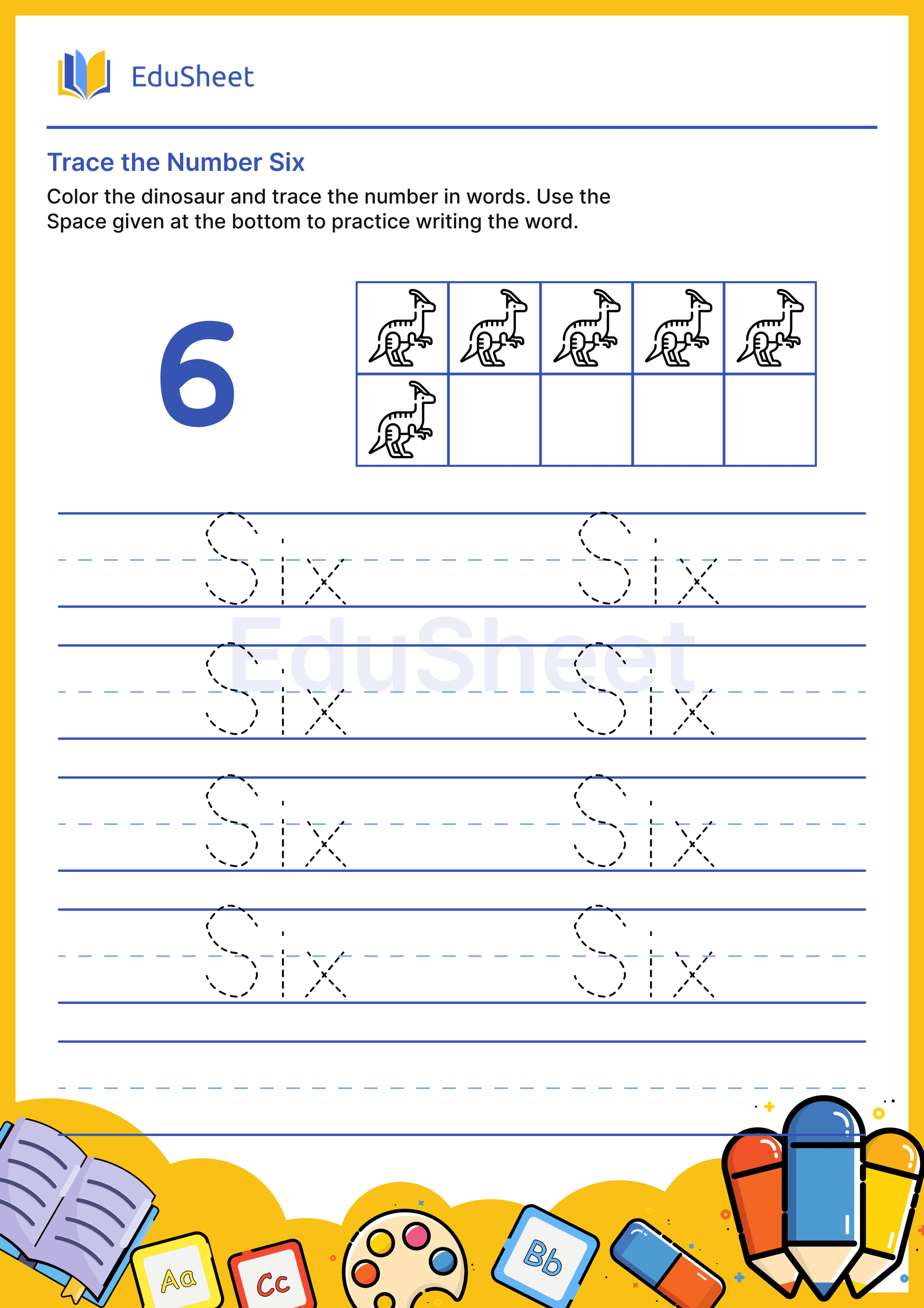 Trace dinosaur Numbers in Words "Six"