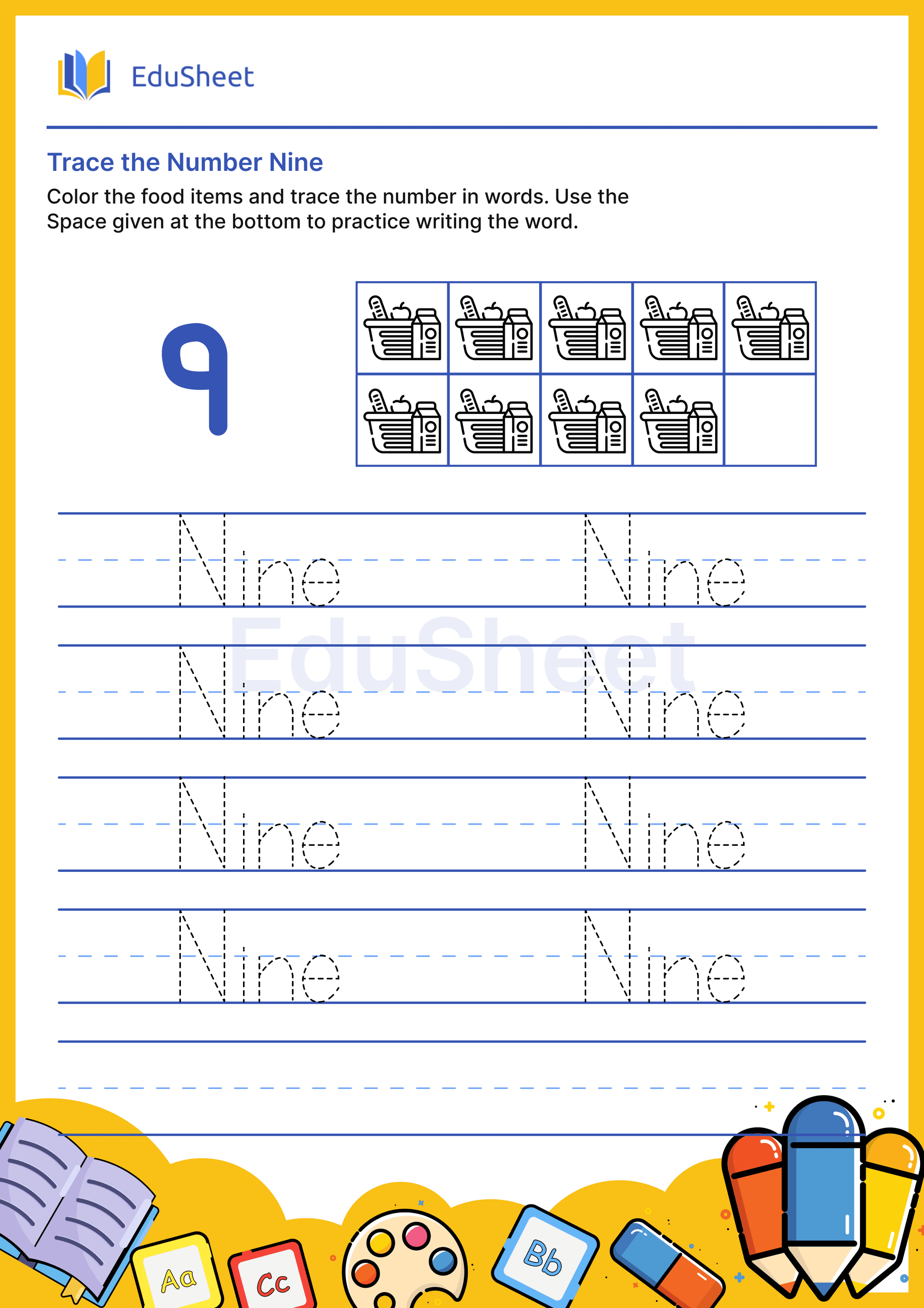 Trace food items Numbers in Words "Nine"