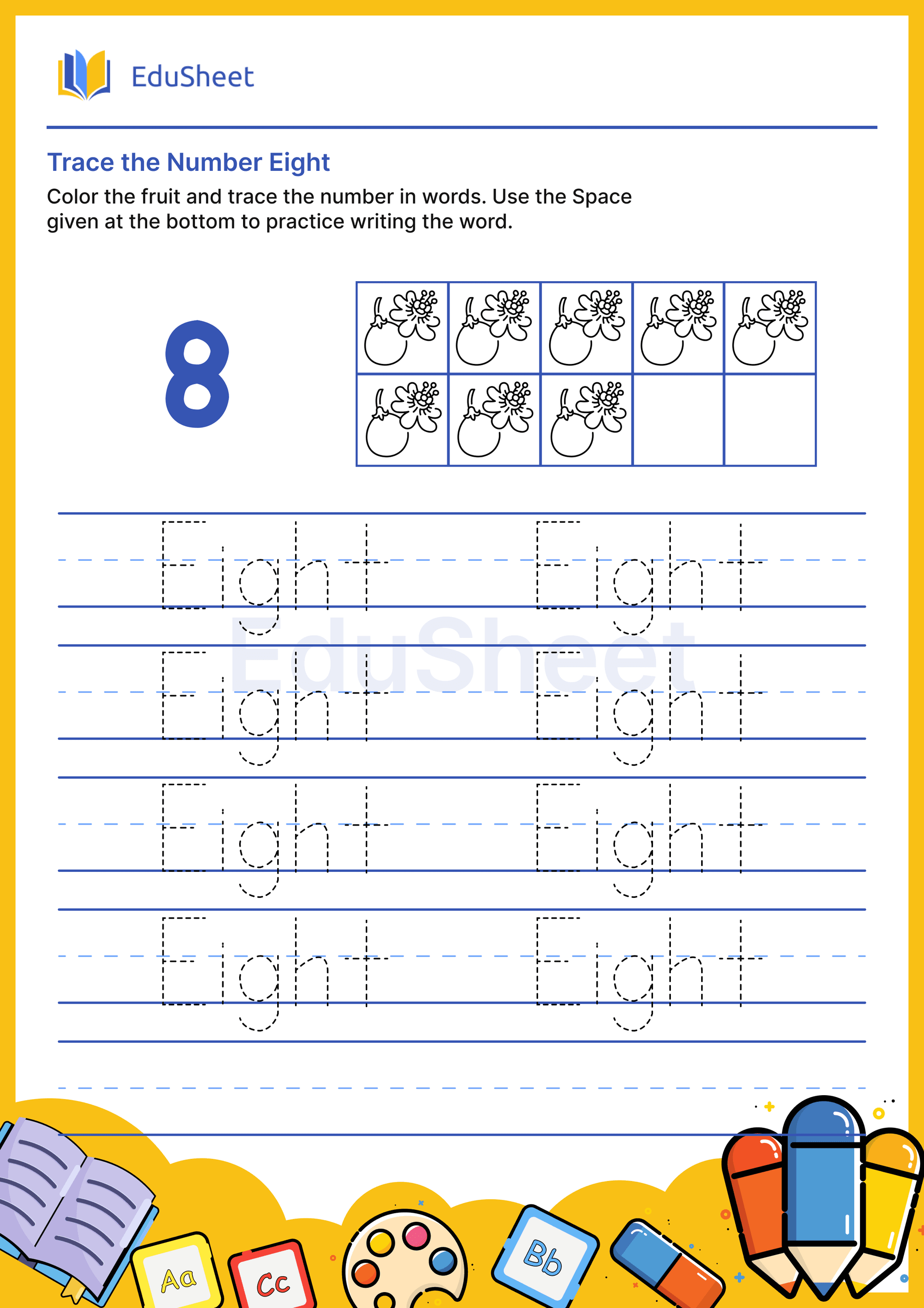 Trace fruits Numbers in Word "Eight"