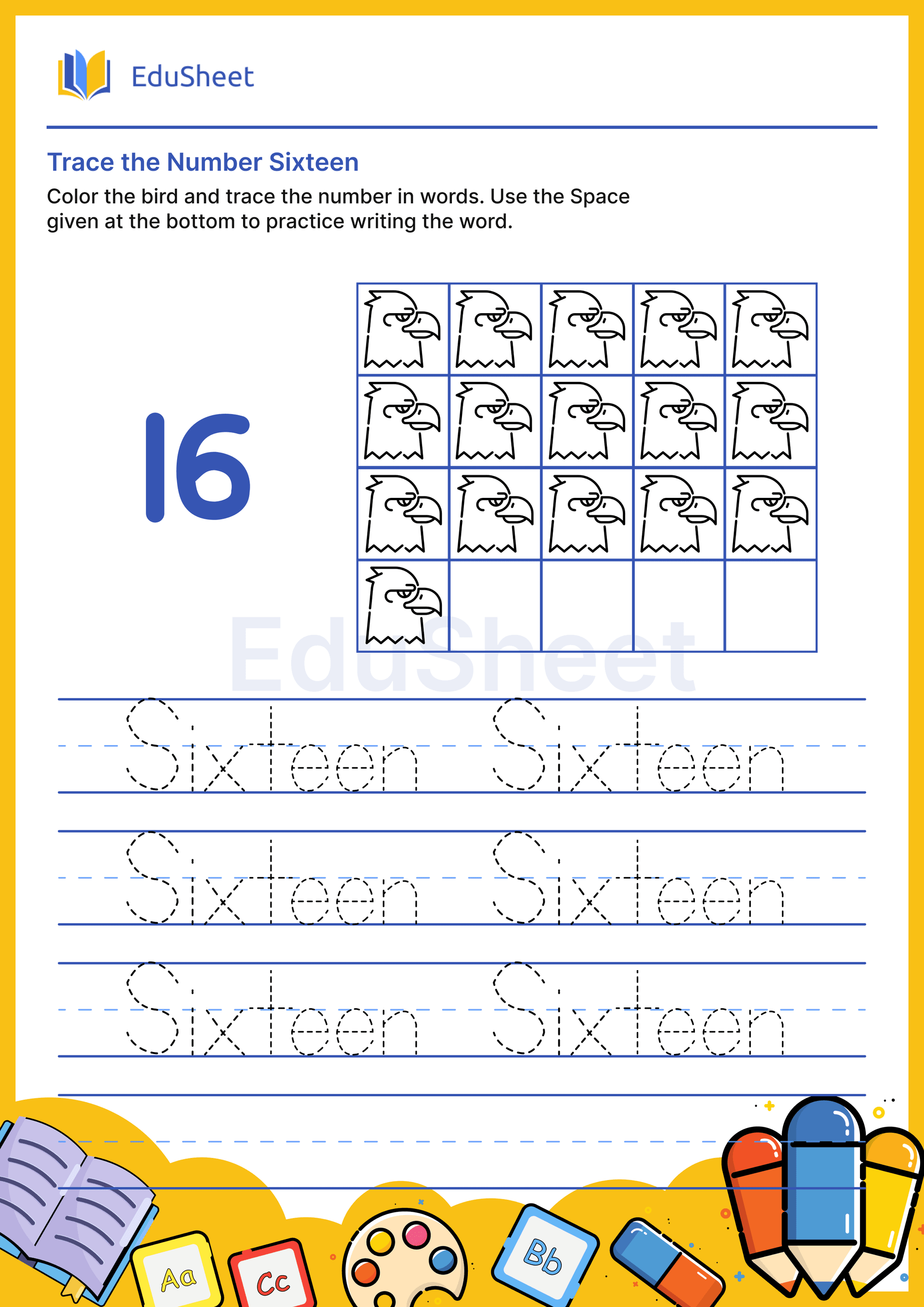 Trace Bird Numbers in Words "Sixteen"