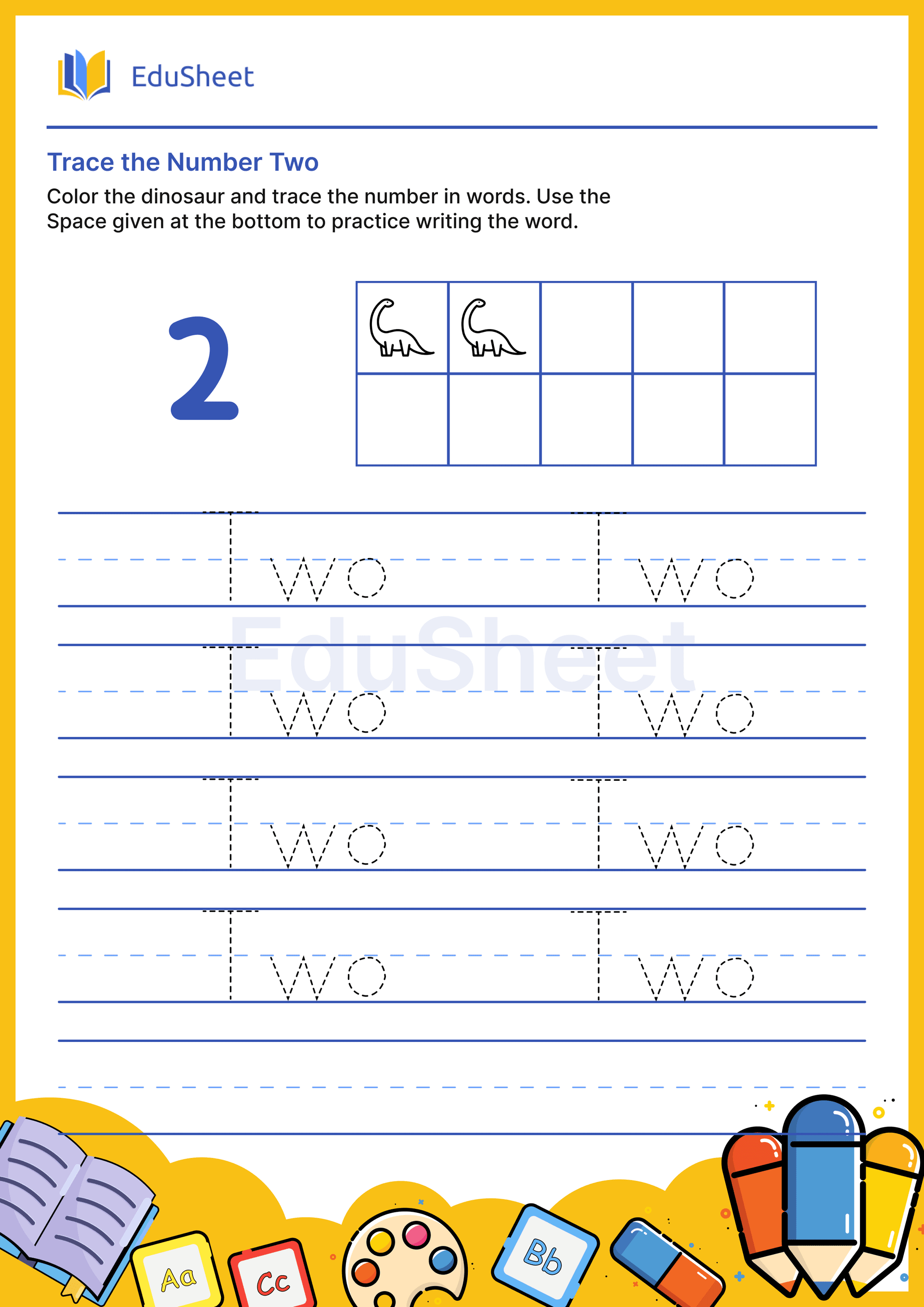 Trace dinosaur Numbers in Words "Two"