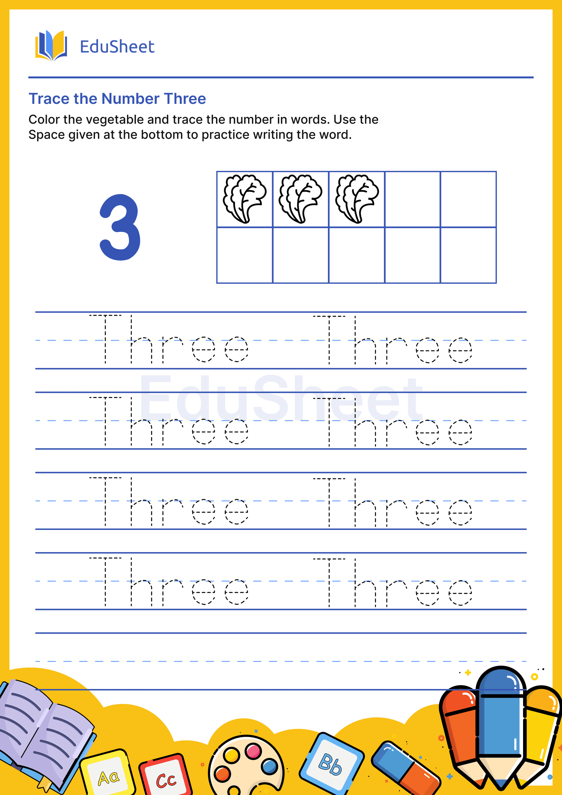 Trace vegetables Numbers in word "Three"