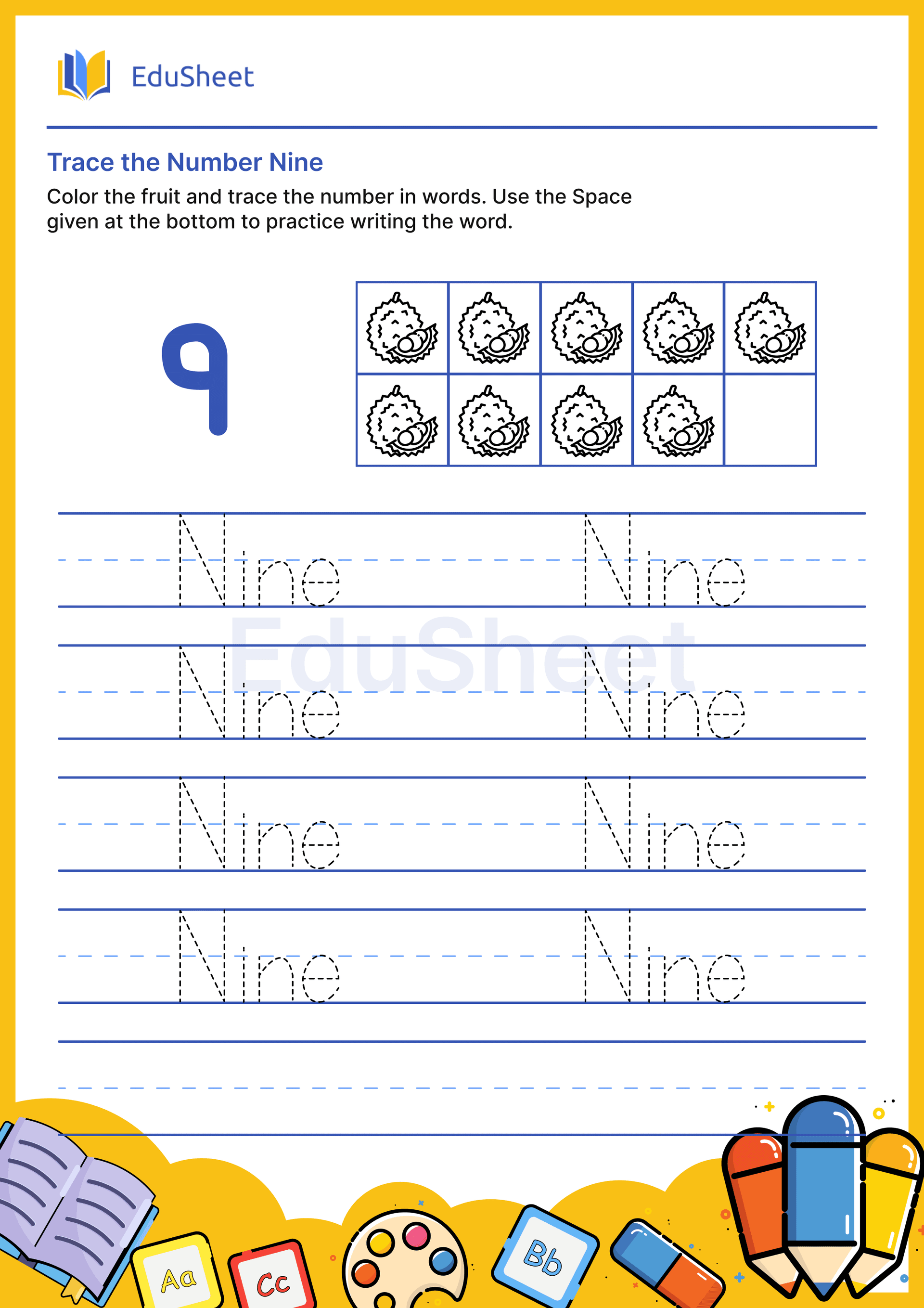 Trace fruits Numbers in Word "Nine"