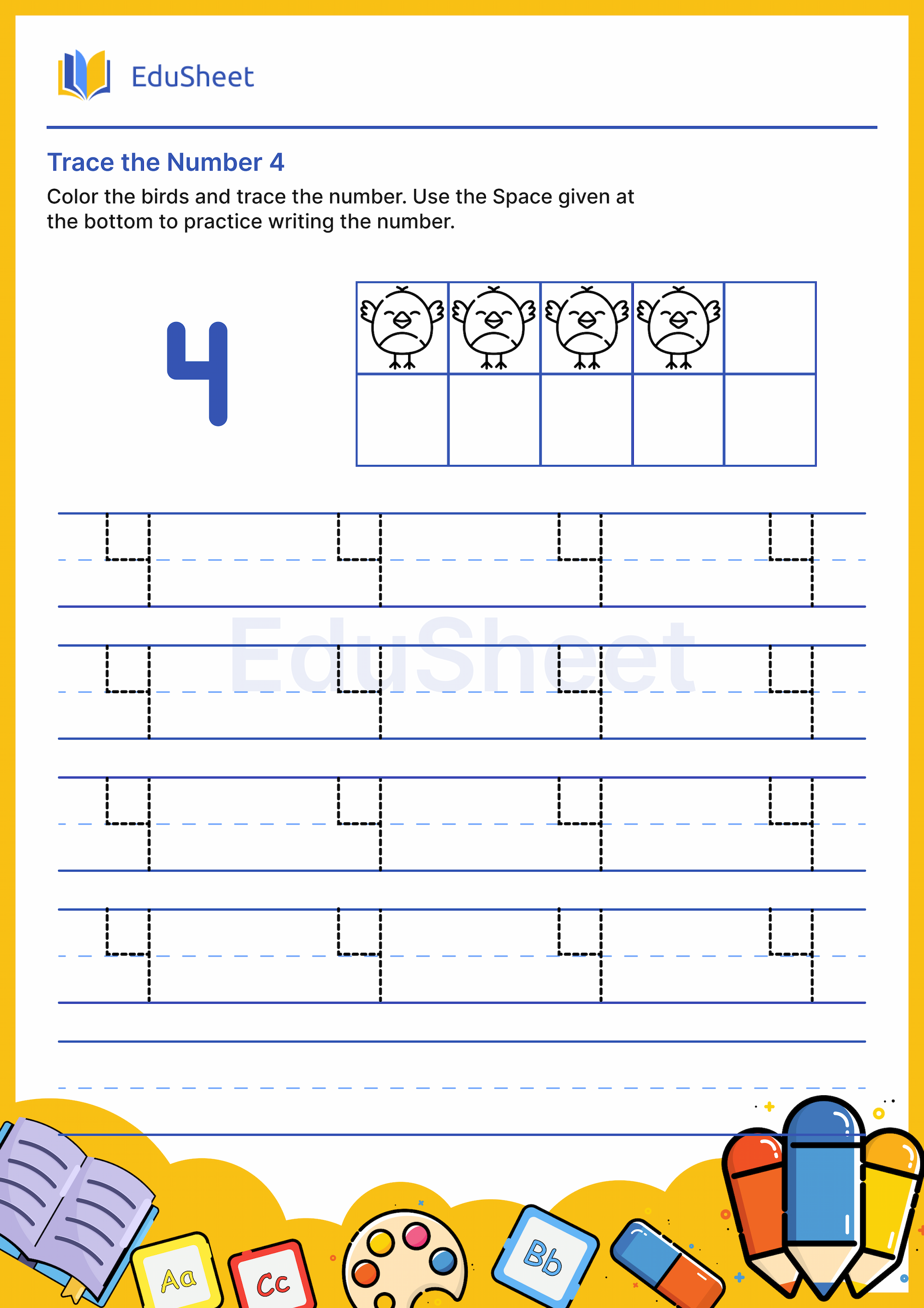Trace the Number 4 : Birds