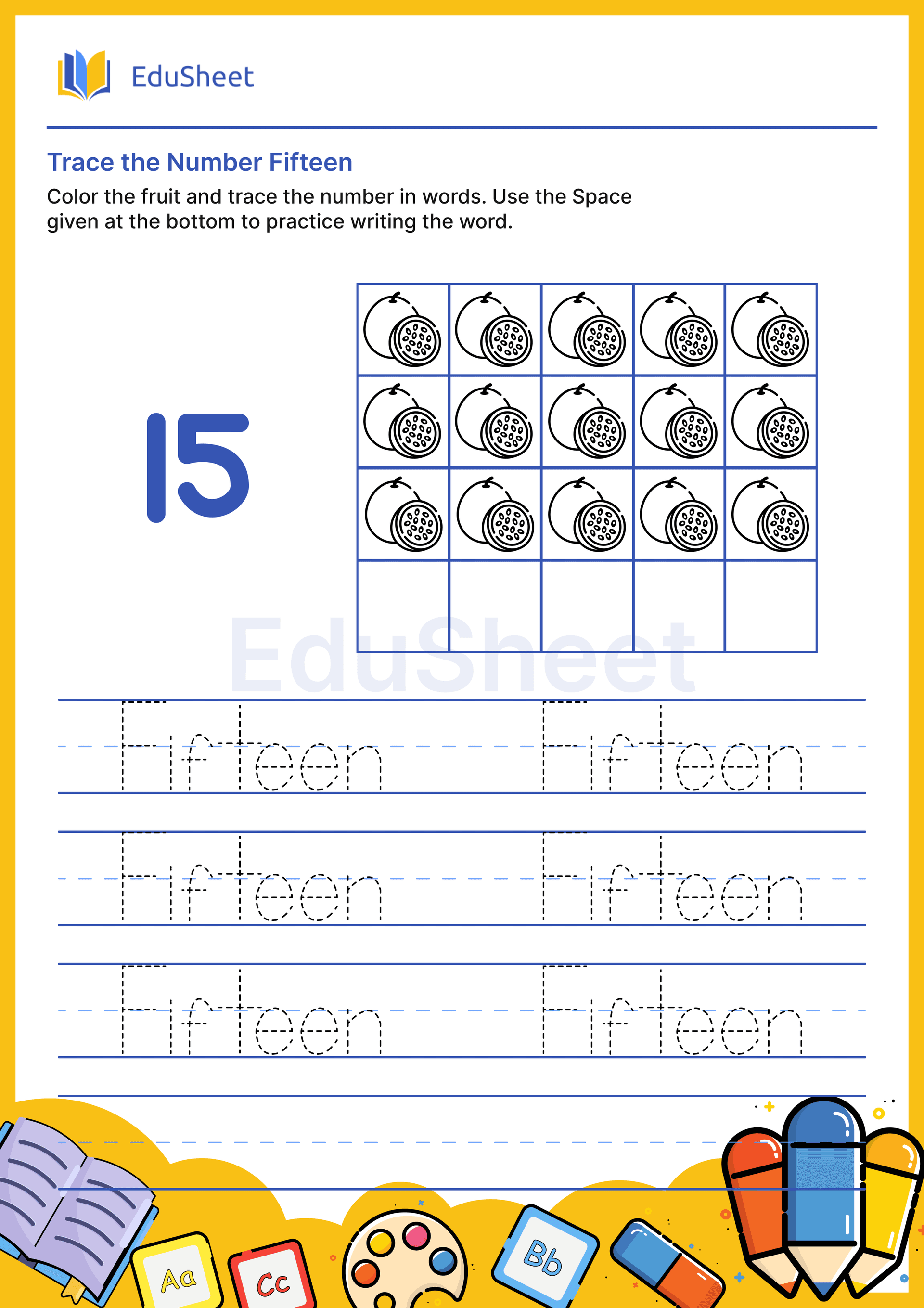 Trace fruits Numbers in Word "Fifteen"