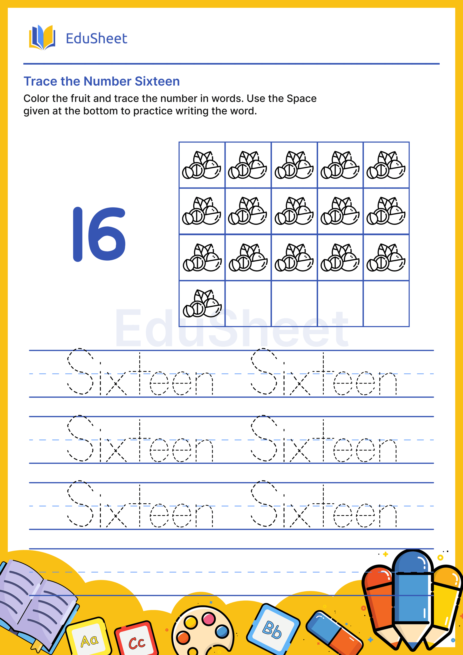 Trace fruits Numbers in Word "Sixteen"