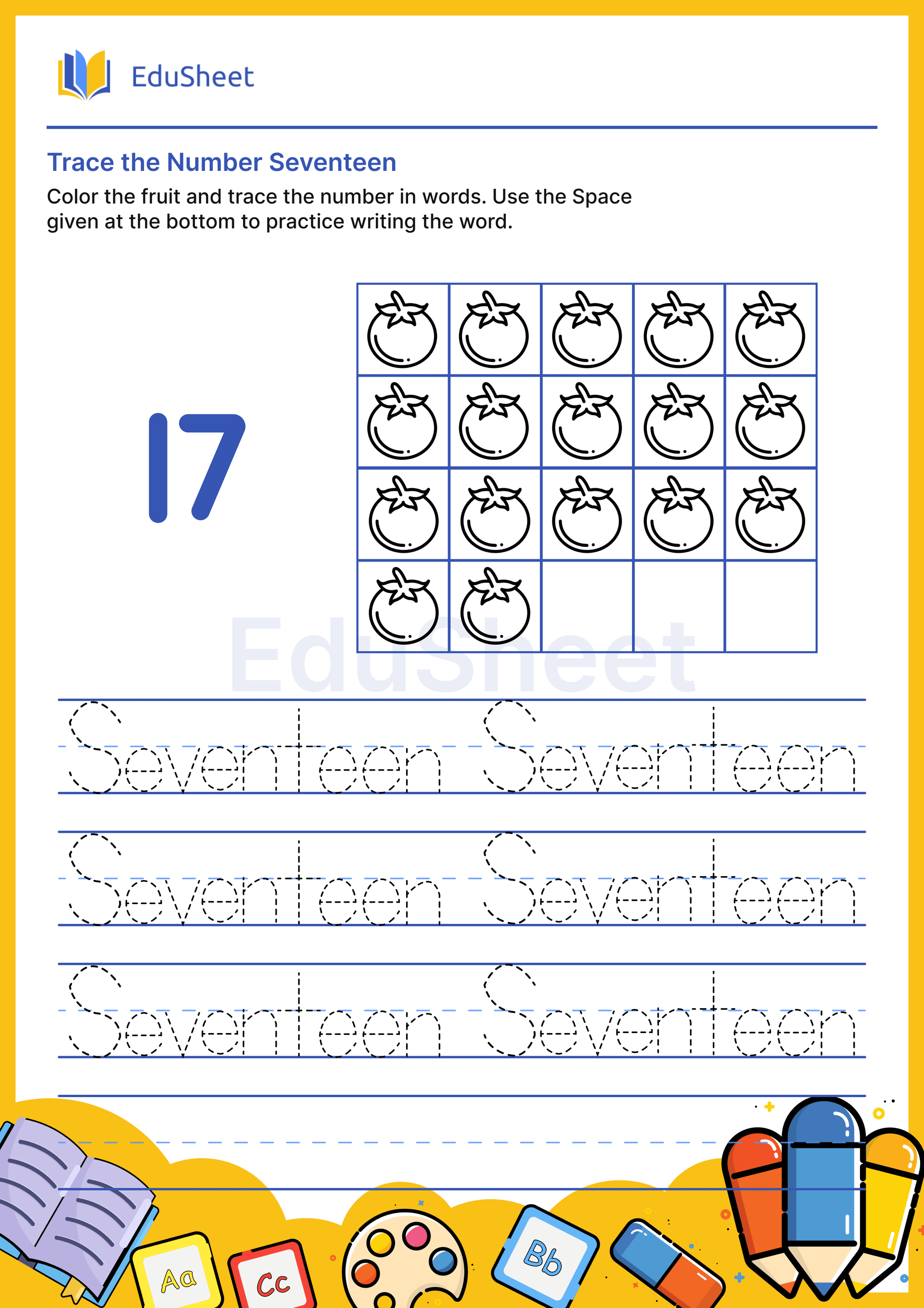 Trace fruits Numbers in Word "Seventeen"