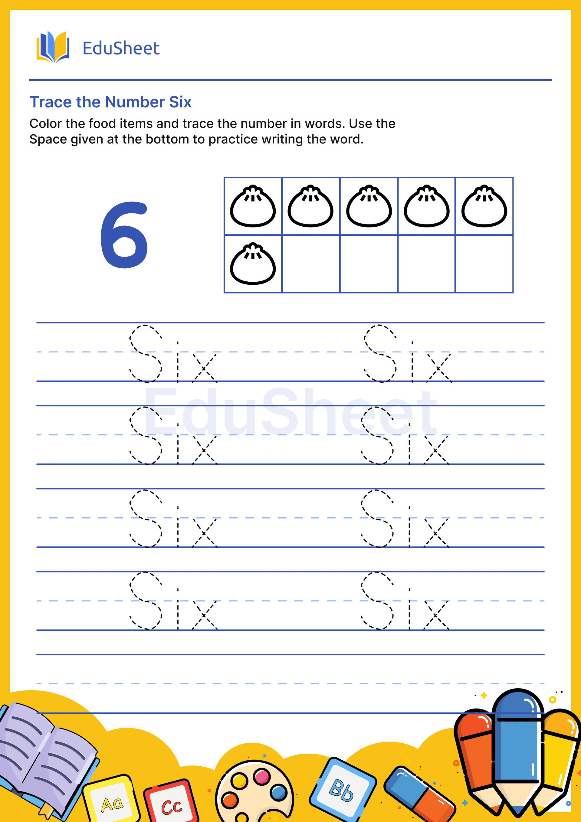 Trace food items Numbers in Words "Six"