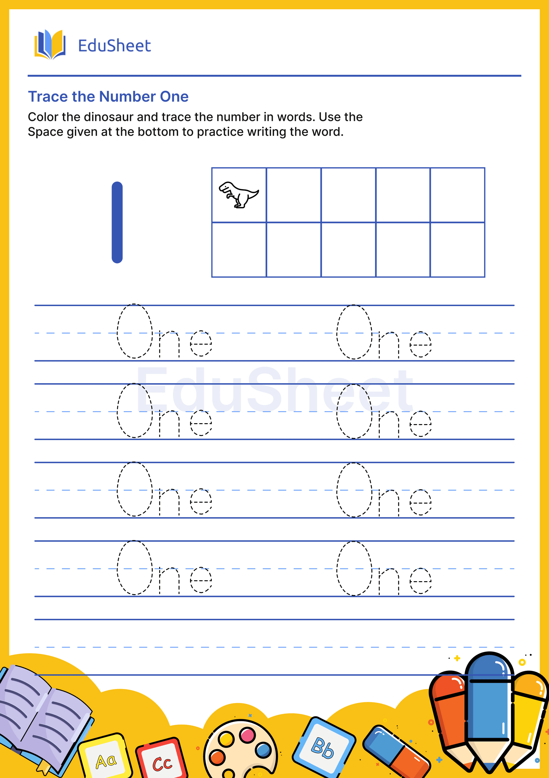 Trace dinosaur Numbers in Words "One"