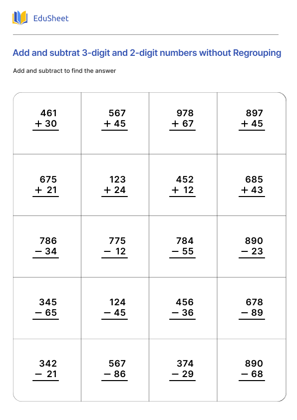 Add and subtrat 3-digit and 2-digit numbers without Regrouping Part 2