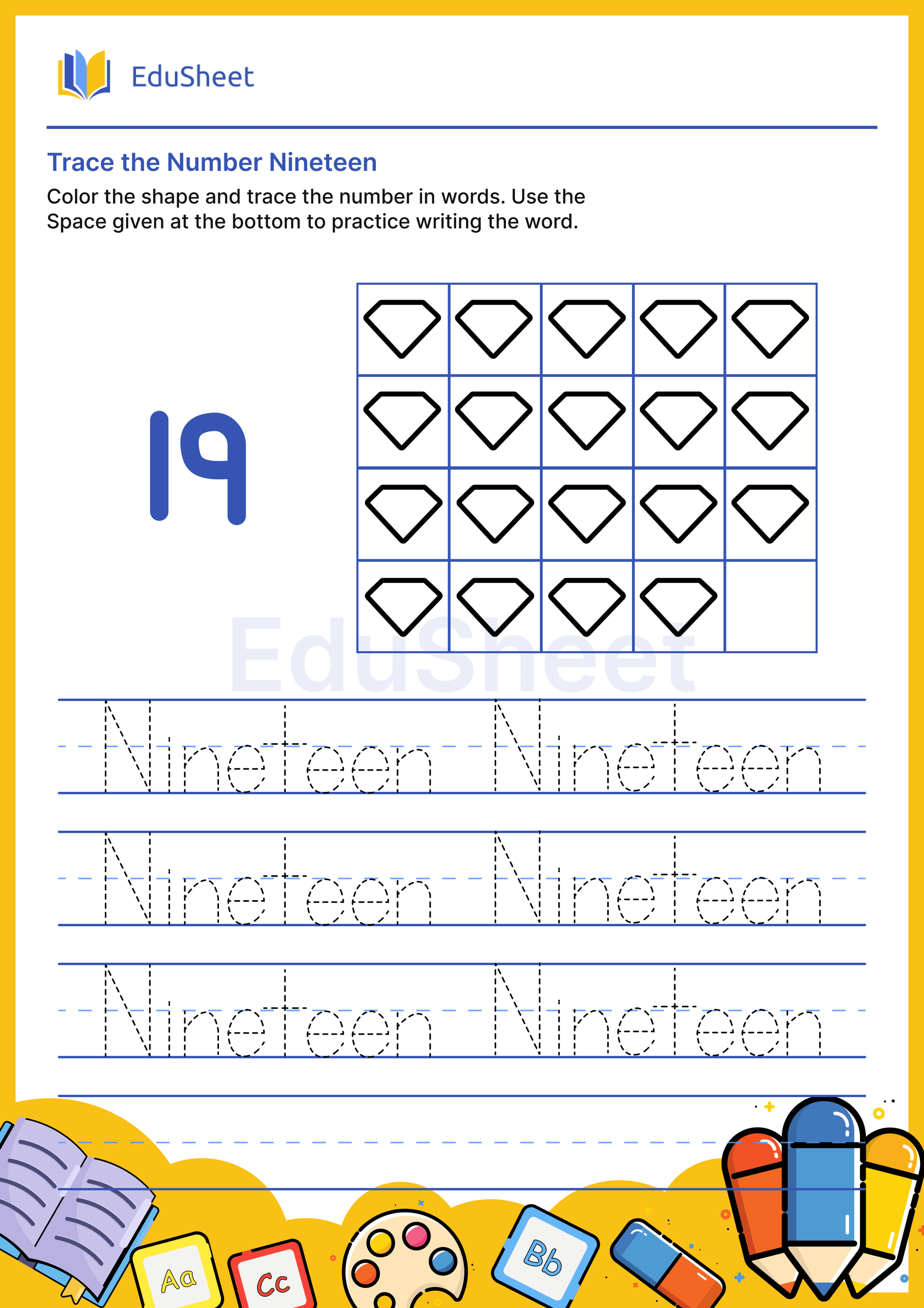 Trace Shape Numbers in Words "Nineteen"