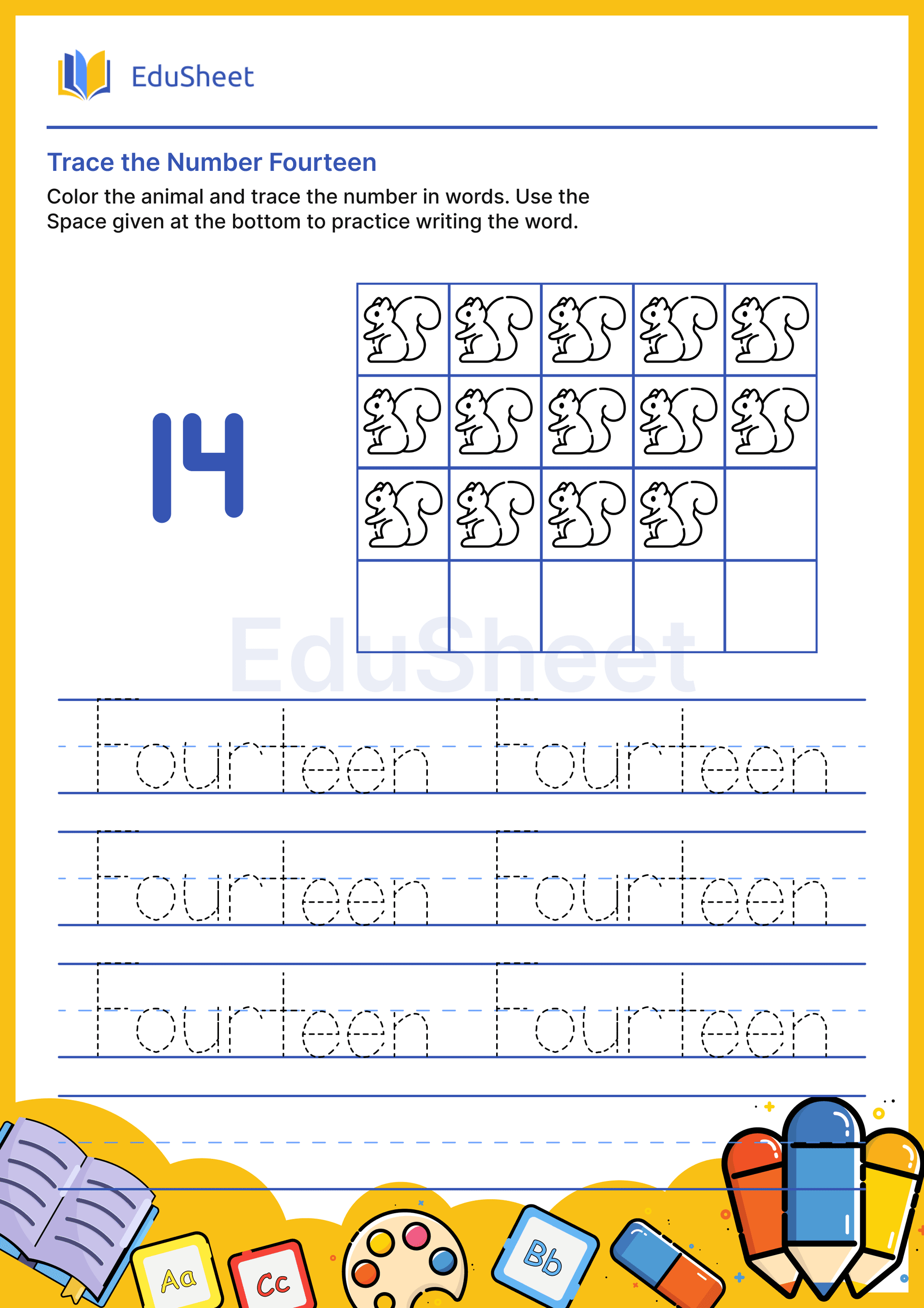 Trace Animal Numbers in Words "Fourteen"