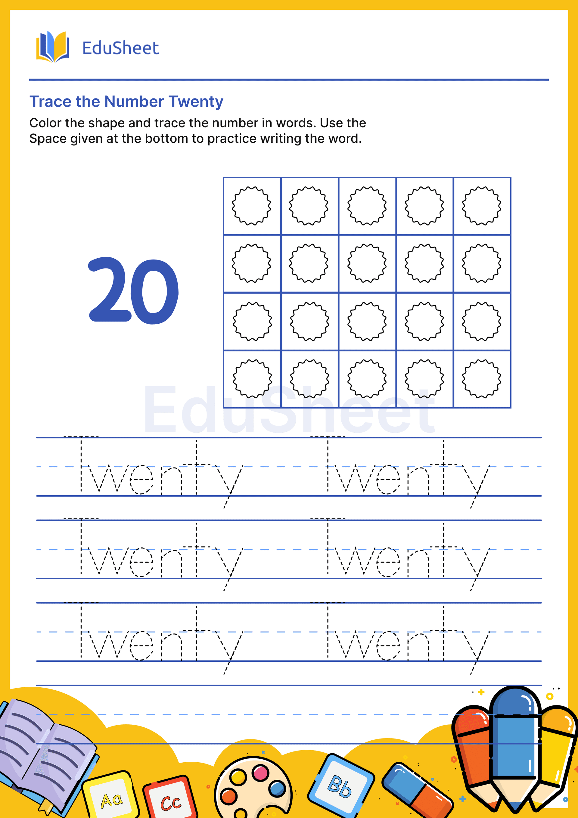 Trace Shape Numbers in Words "Twenty"
