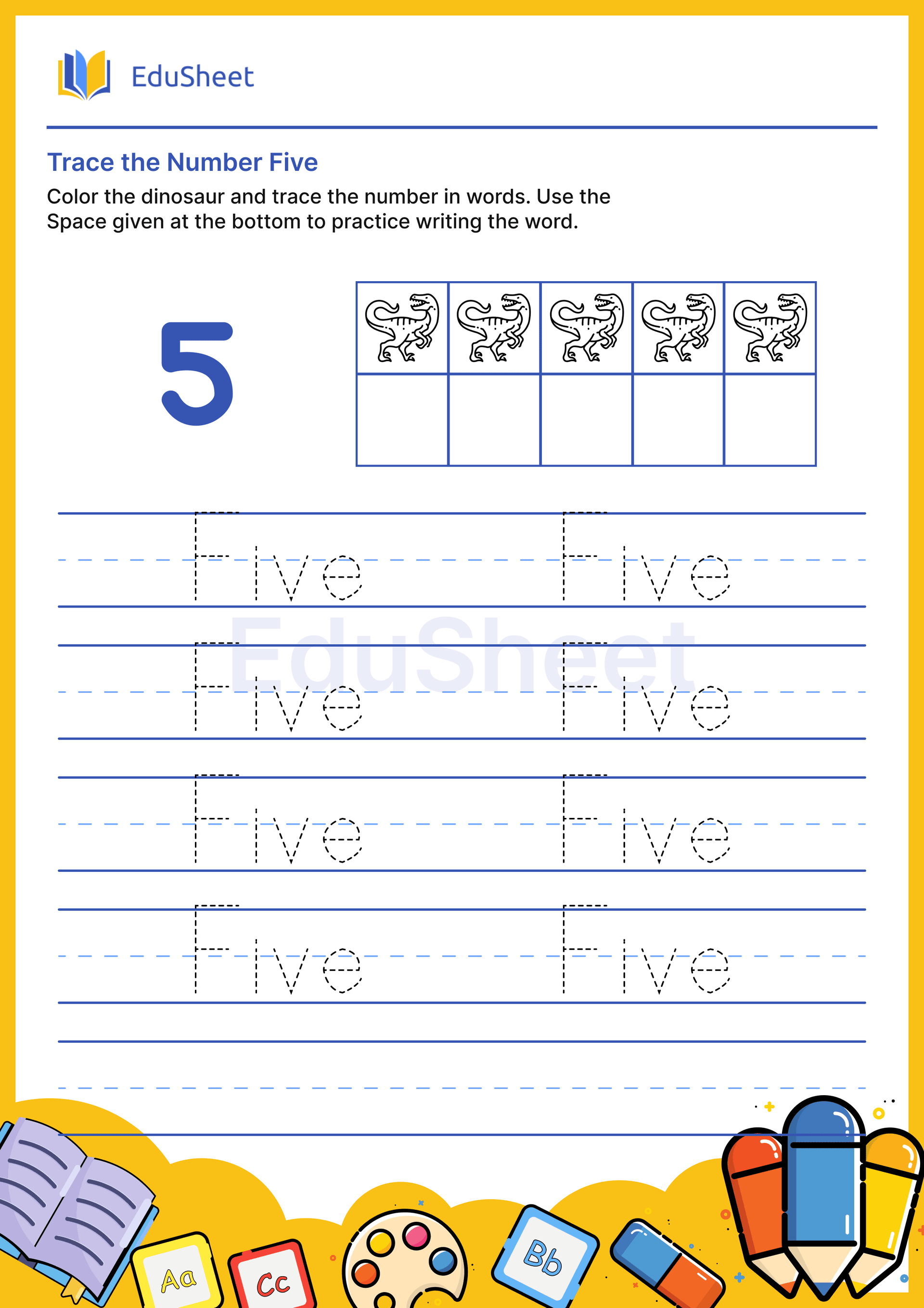 Trace dinosaur Numbers in Words "Five"