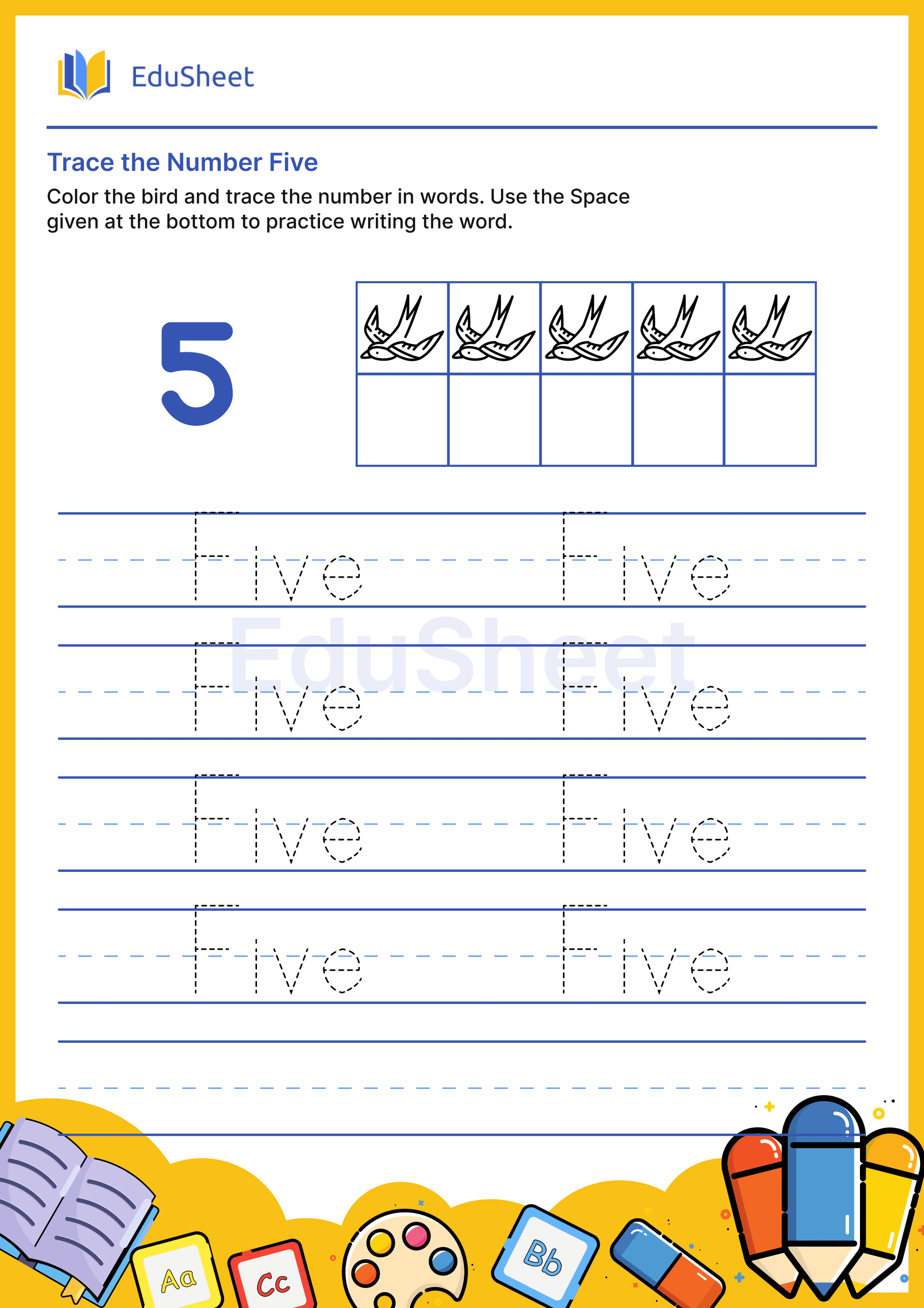 Trace Bird Numbers in Words "Five"