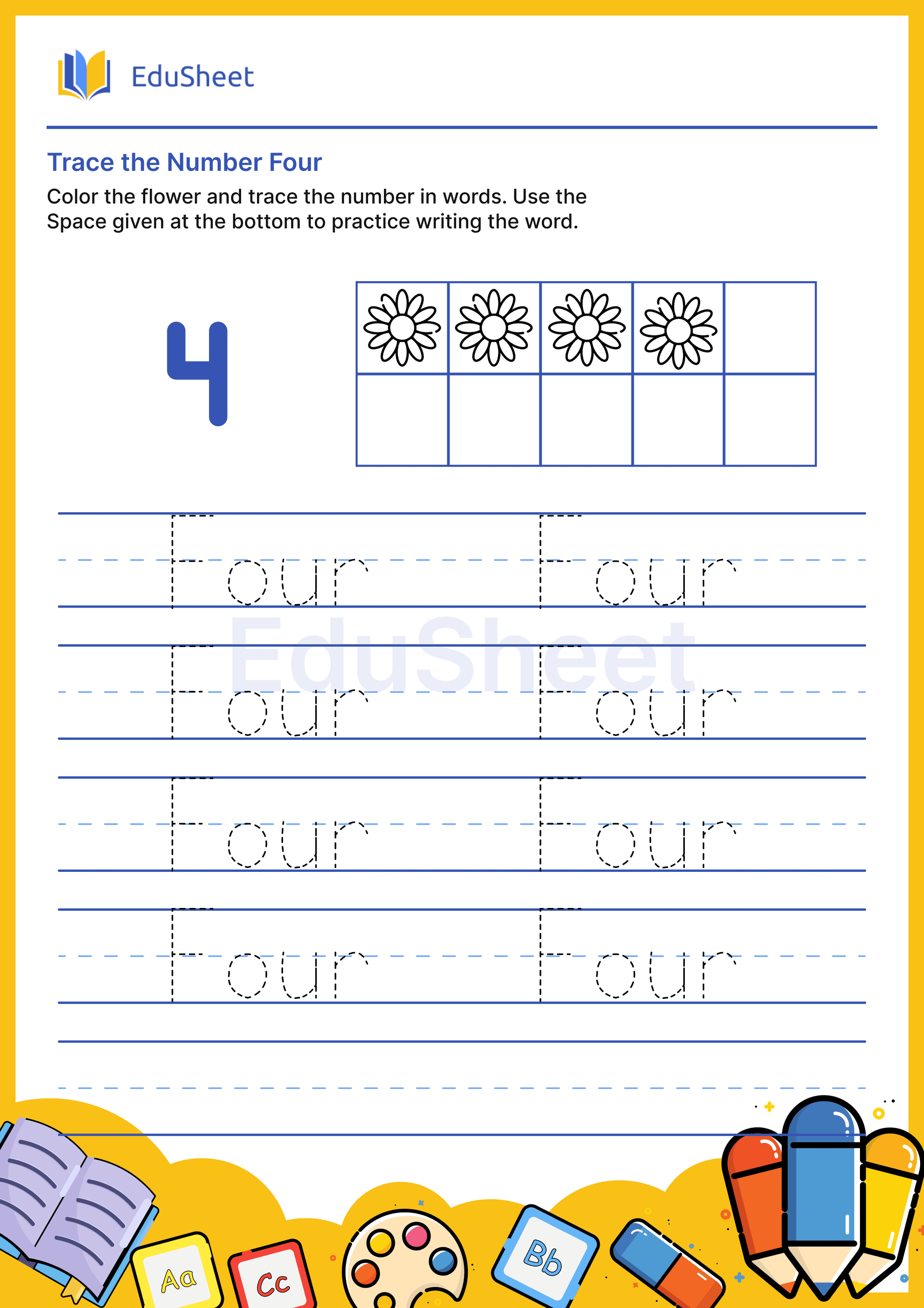 Trace Flower Numbers in Words "Four"