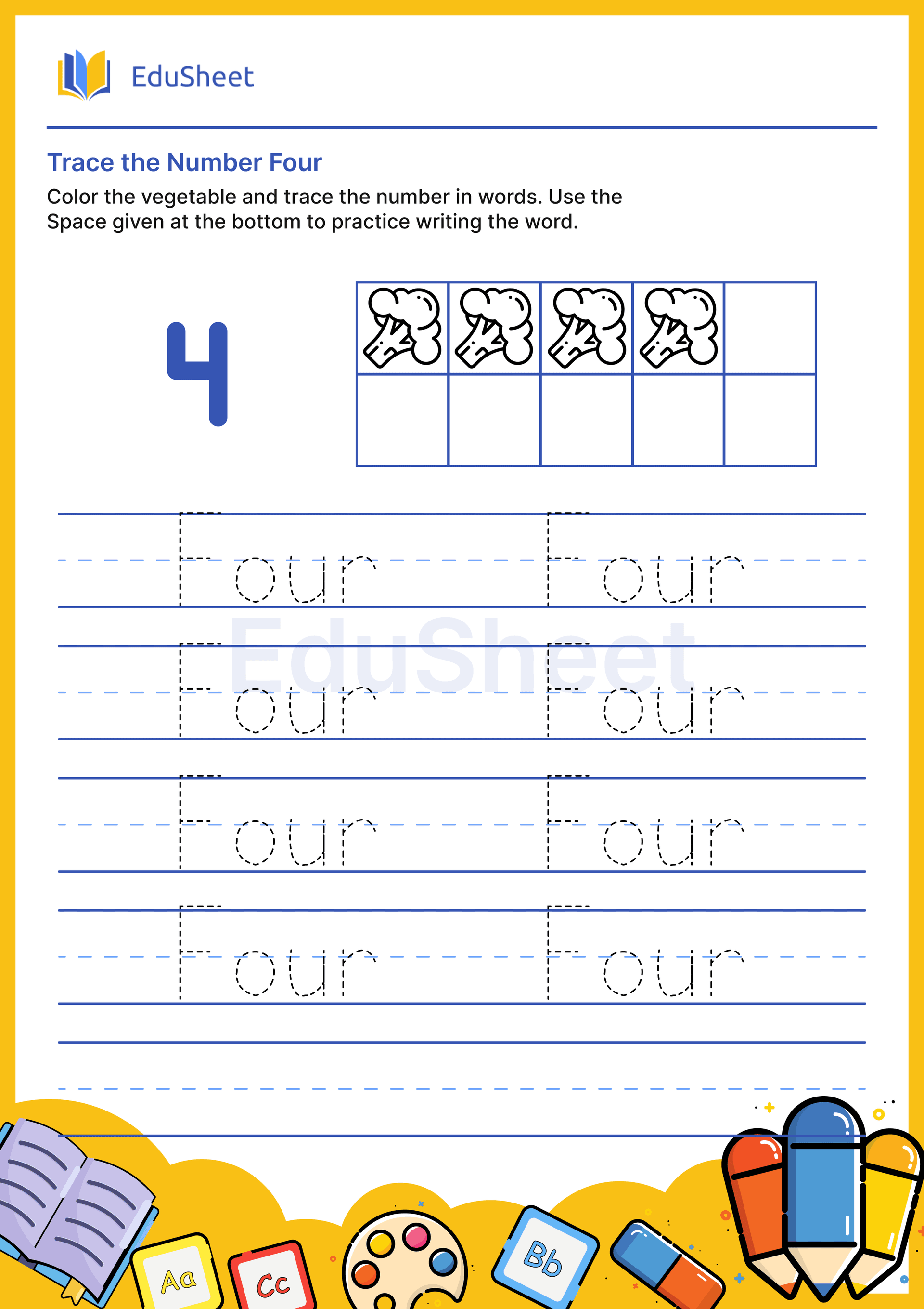 Trace vegetables Numbers in word "Four"