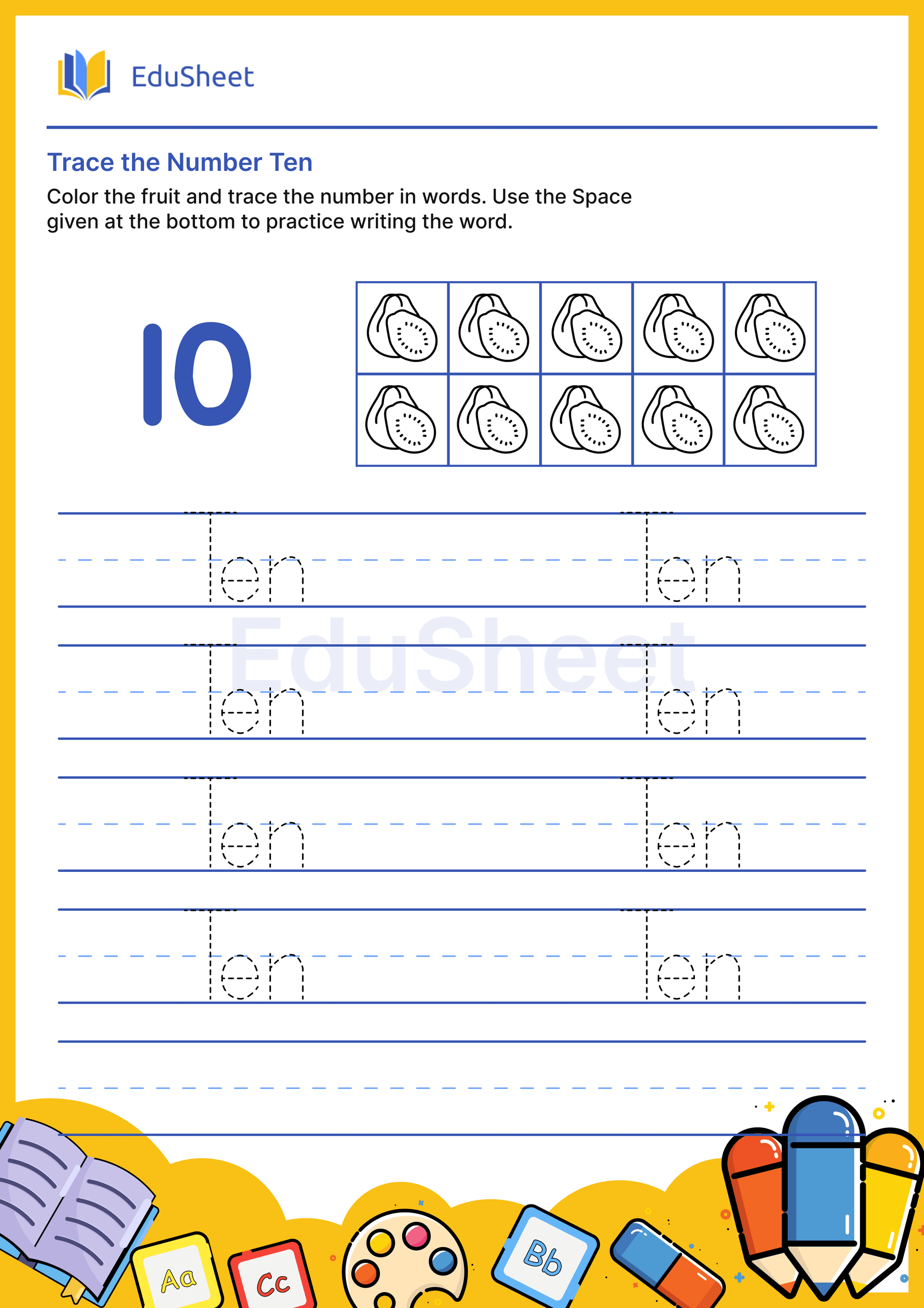 Trace fruits Numbers in Word "Ten"