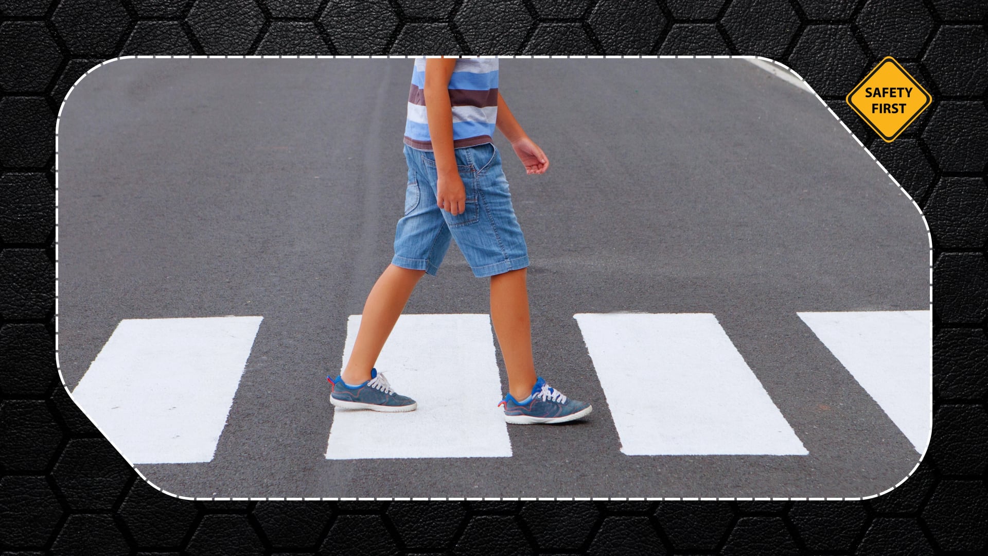 Child walking safely across a zebra crossing, demonstrating basic pedestrian road safety habits.
