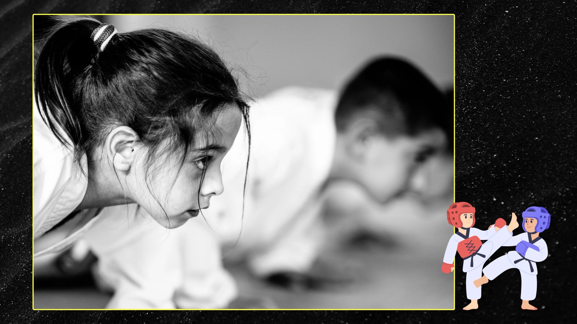 A young girl practicing Taekwondo in a focused stance during training.