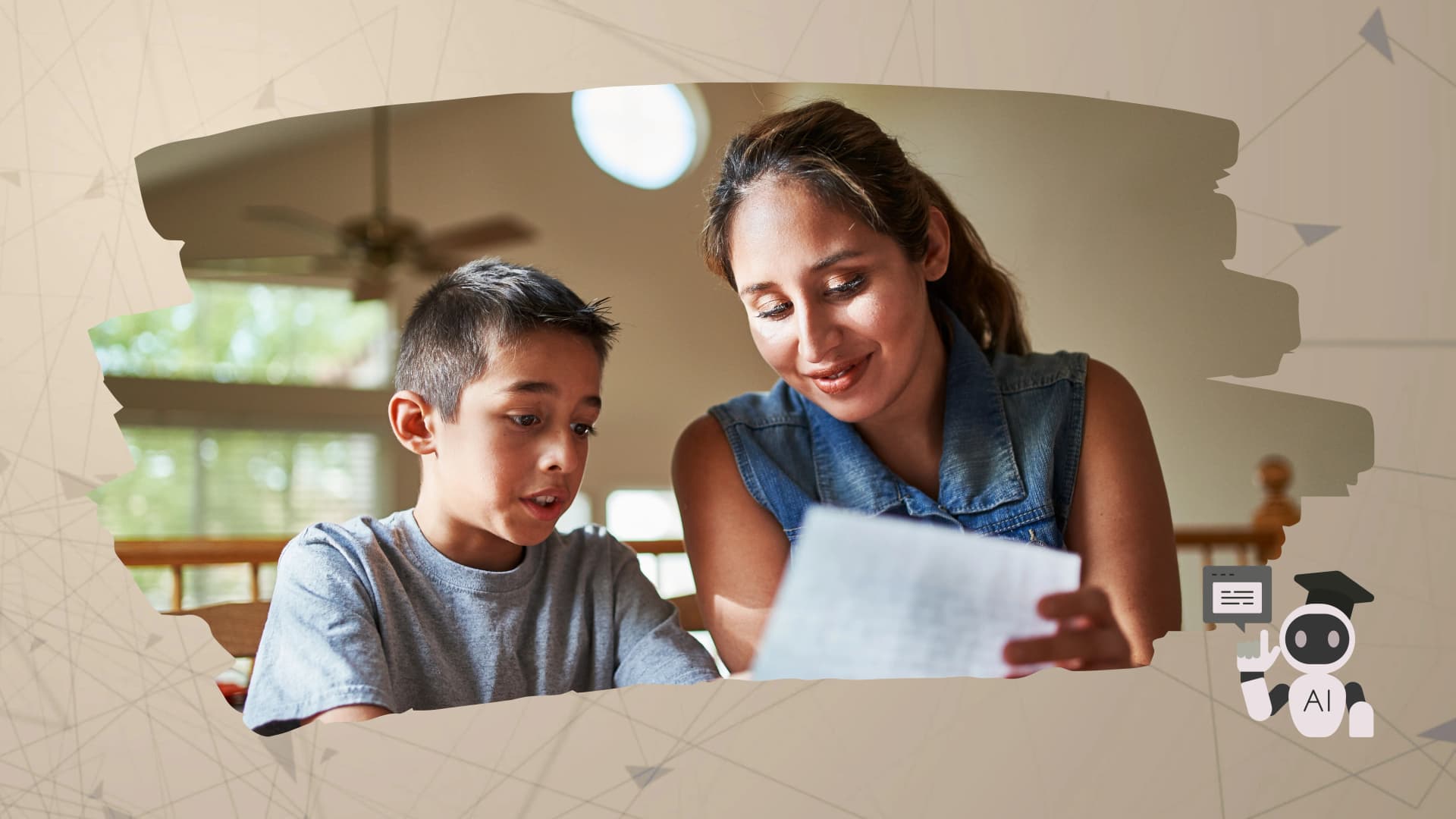 Thought it’s cool to use AI to do your child’s homework? Think again! Parent helping their child with homework at home.
