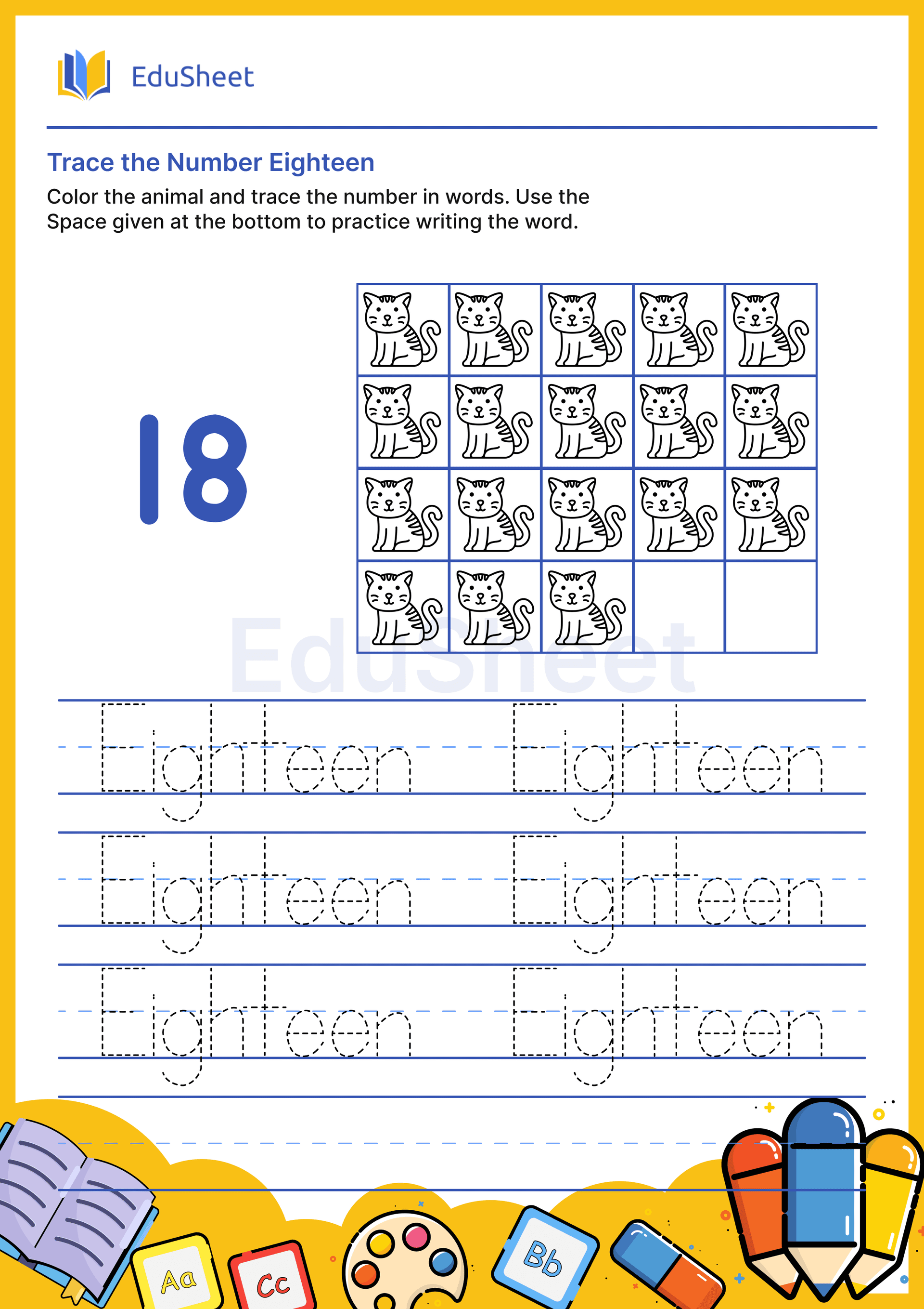 Trace Animal Numbers in Words "Eighteen" Trace Animal Numbers in Words "Eighteen"
