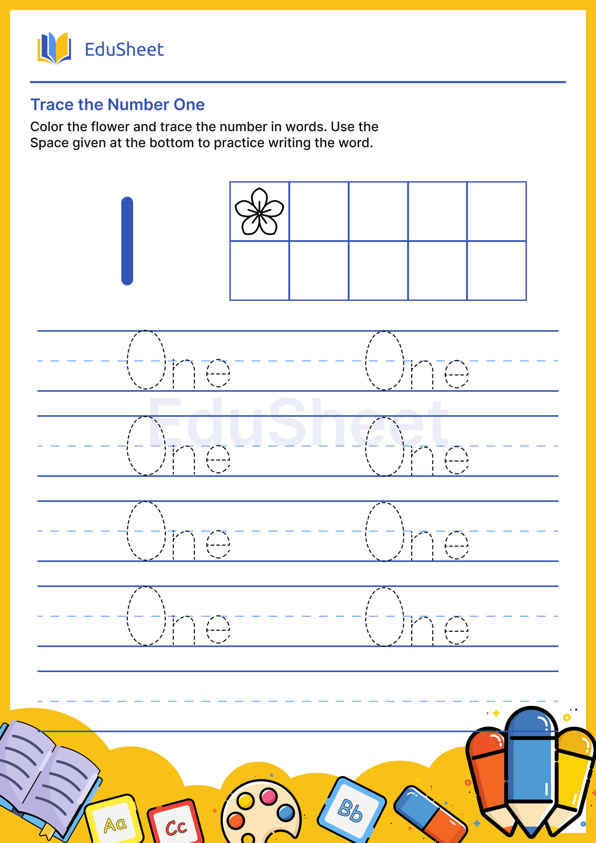 Trace Flower Numbers in Words "One" Trace Flower Numbers in Words "One"