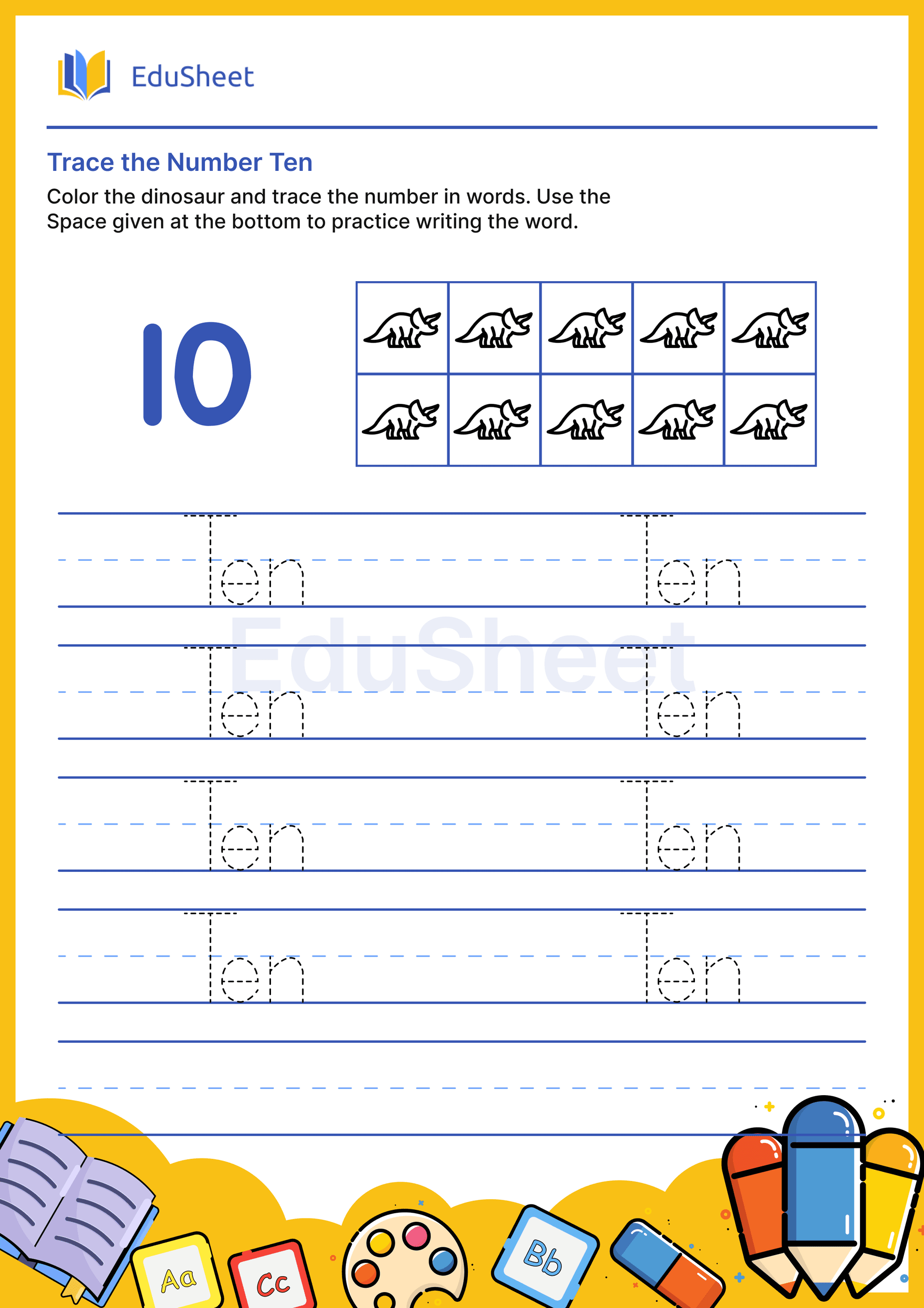 Trace dinosaur Numbers in Words "Ten" Trace dinosaur Numbers in Words "Ten"