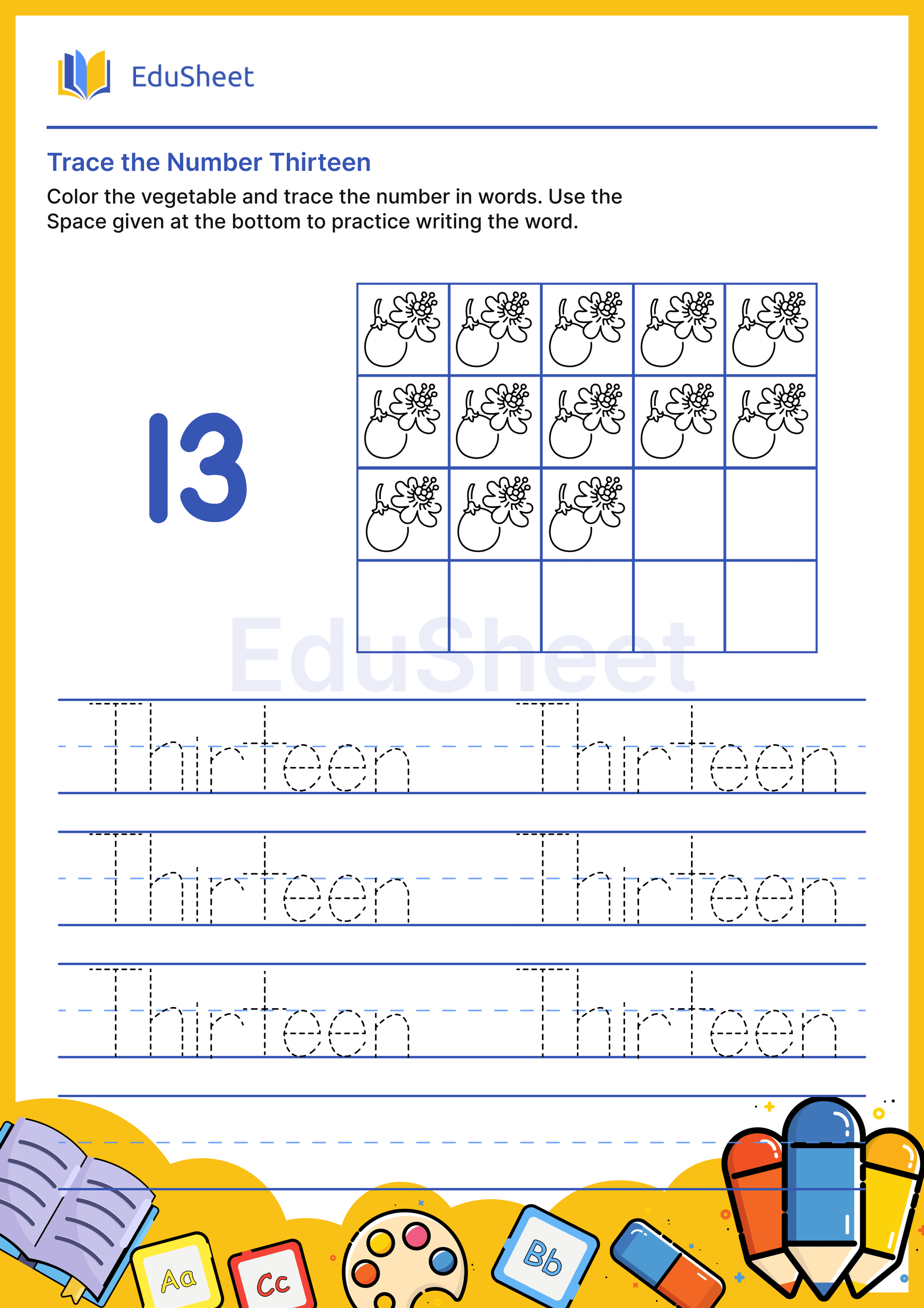 Trace vegetables Numbers in word "Thirteen" Trace vegetables Numbers in word "Thirteen"