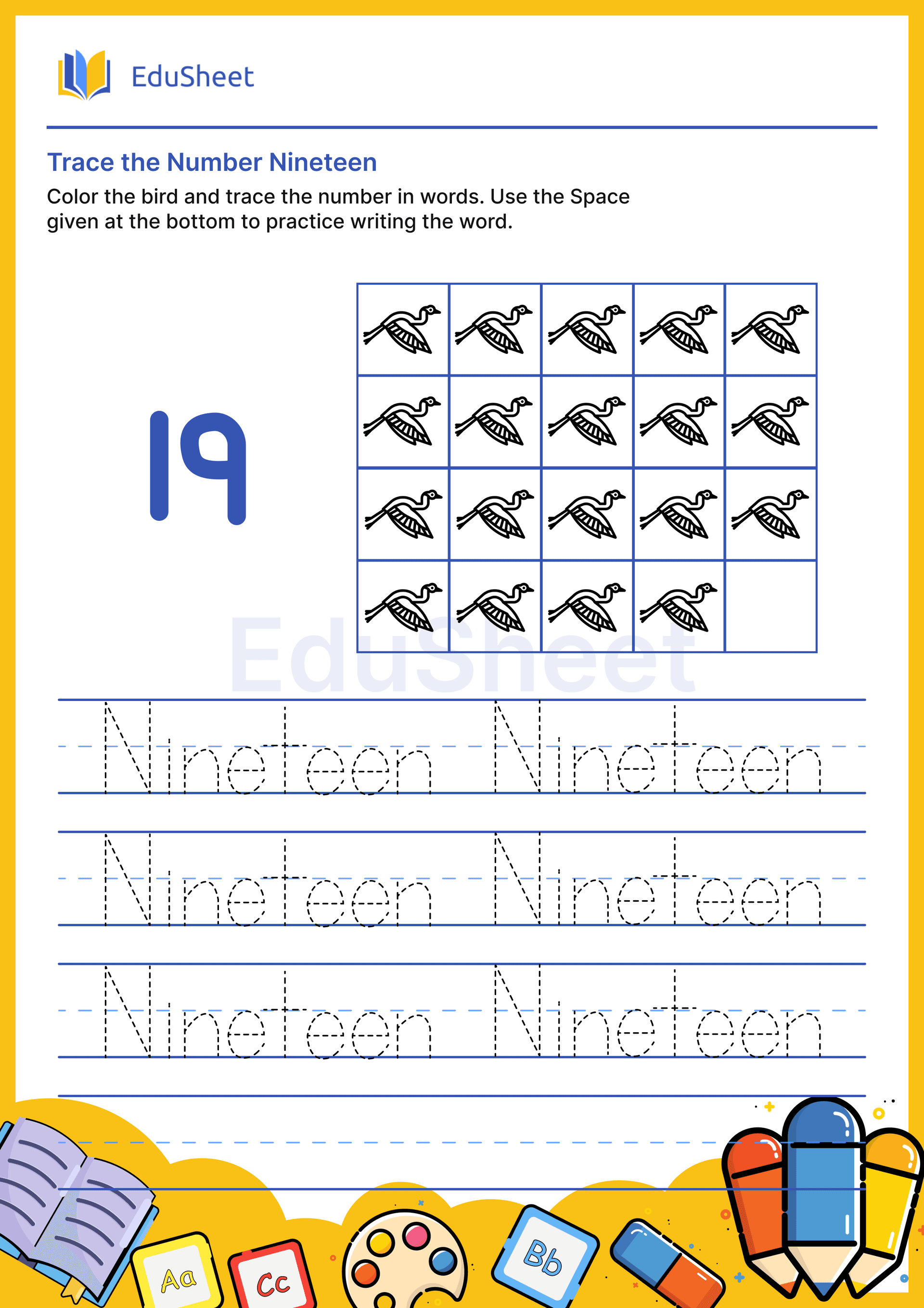 Trace Bird Numbers in Words "Nineteen" Trace Bird Numbers in Words "Nineteen"