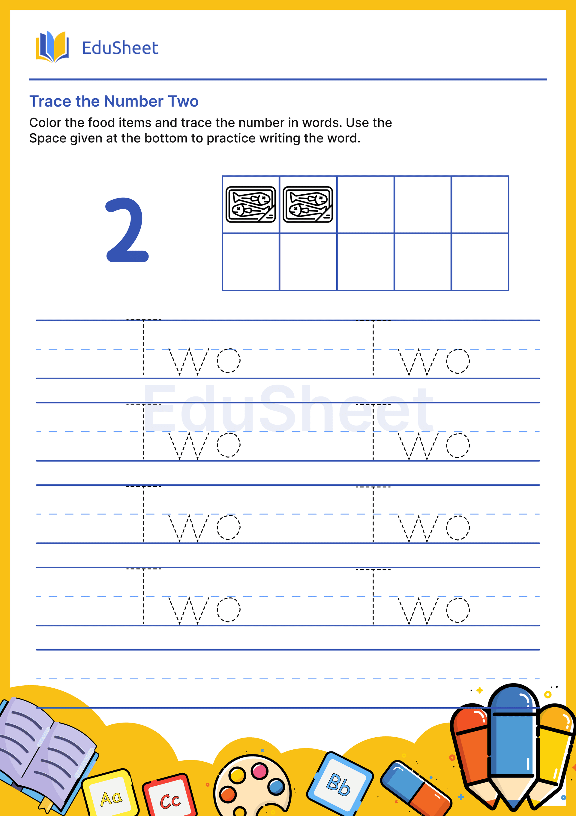 Trace food items Numbers in Words "Two" Trace food items Numbers in Words "Two"