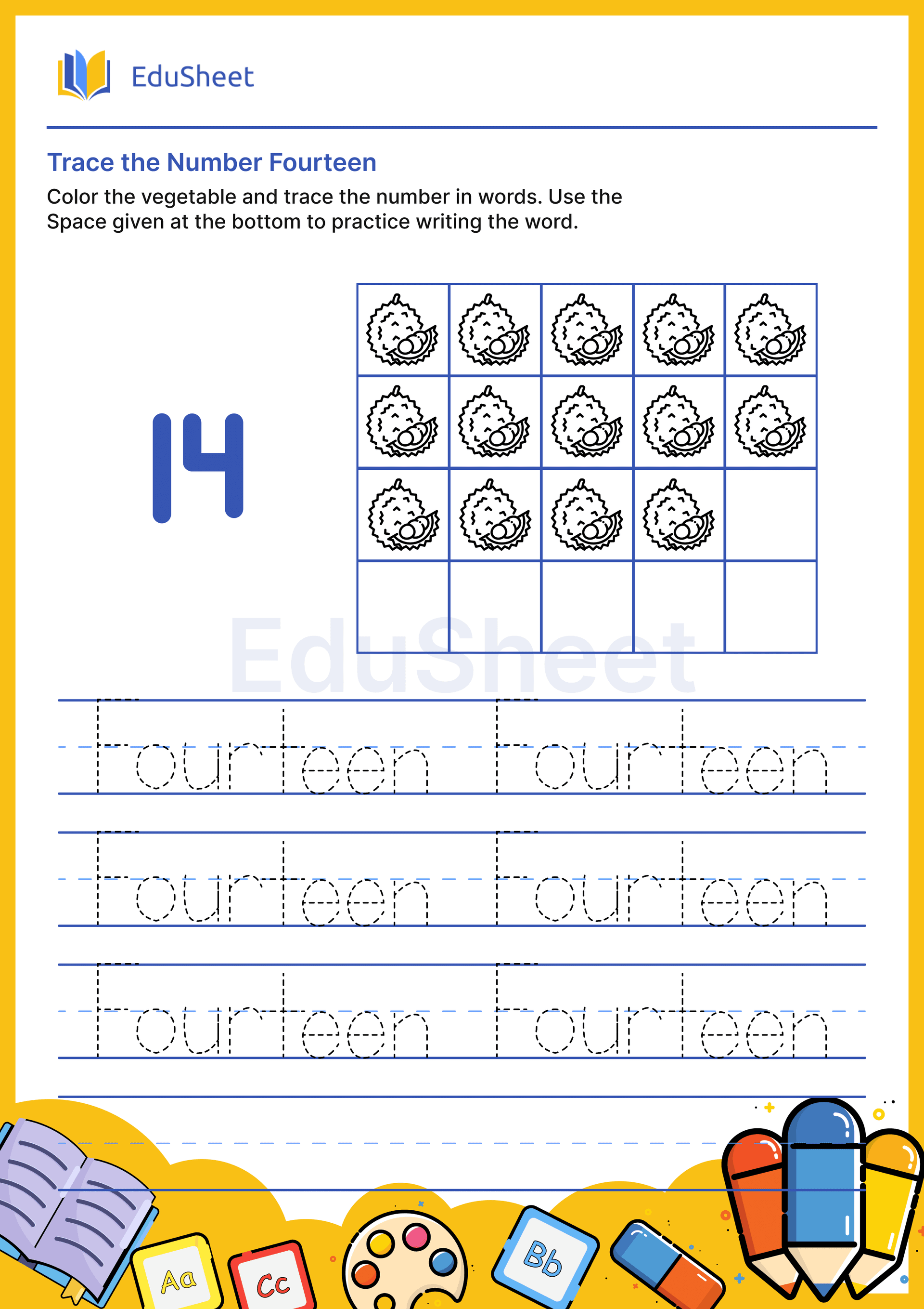 Trace vegetables Numbers in word "Fourteen" Trace vegetables Numbers in word "Fourteen"