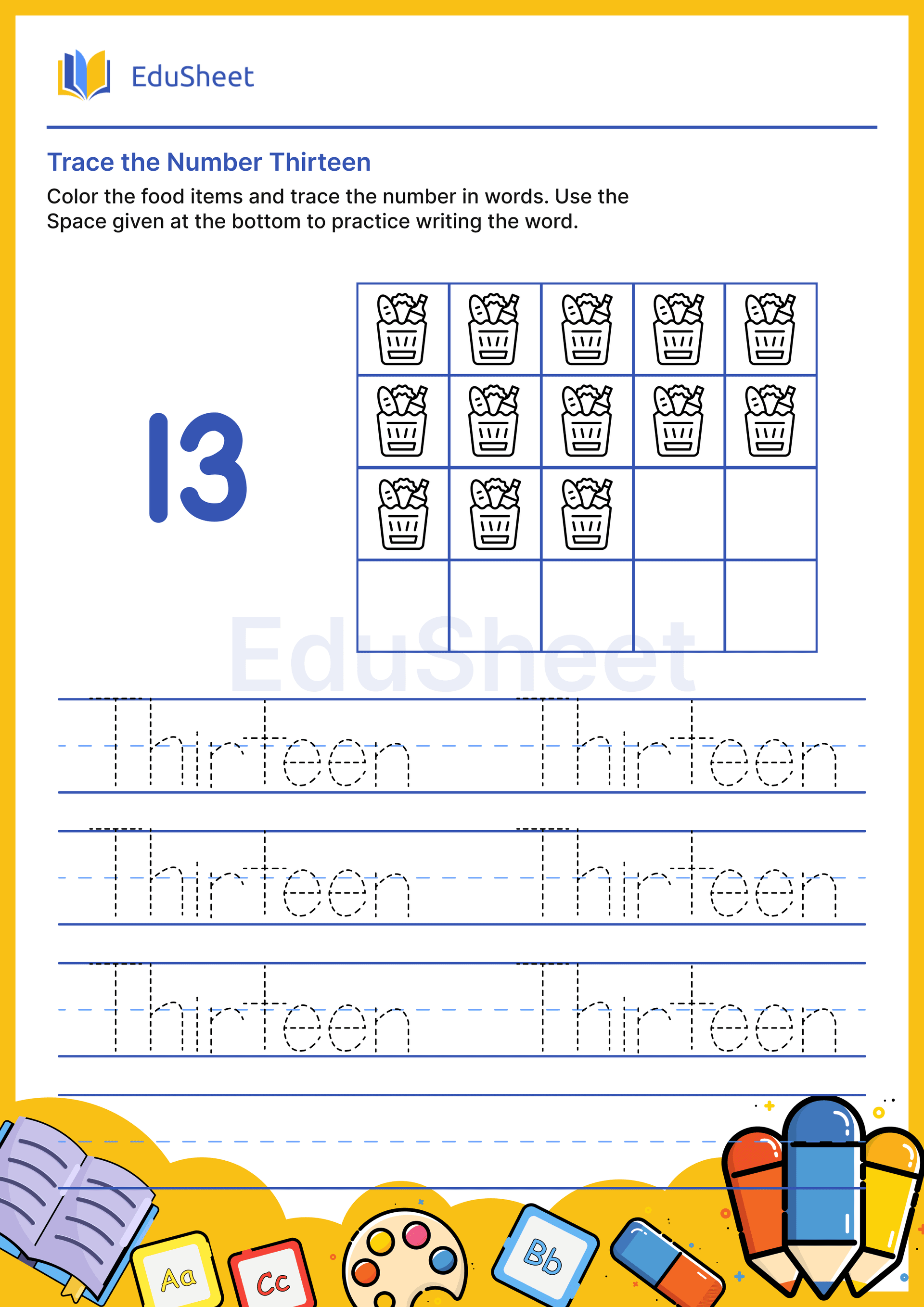 Trace food items Numbers in Words "Thirteen" Trace food items Numbers in Words "Thirteen"