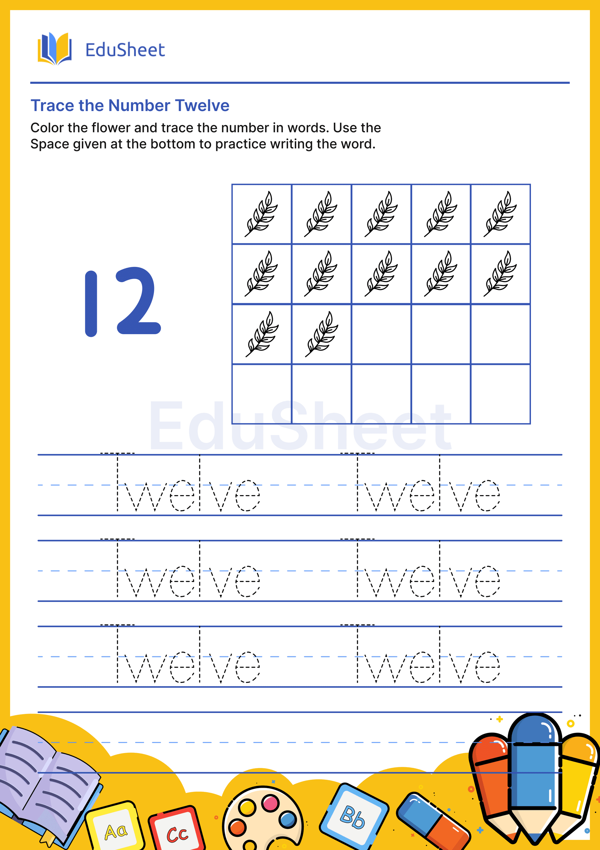 Trace Flower Numbers in Words "Twelve" Trace Flower Numbers in Words "Twelve"