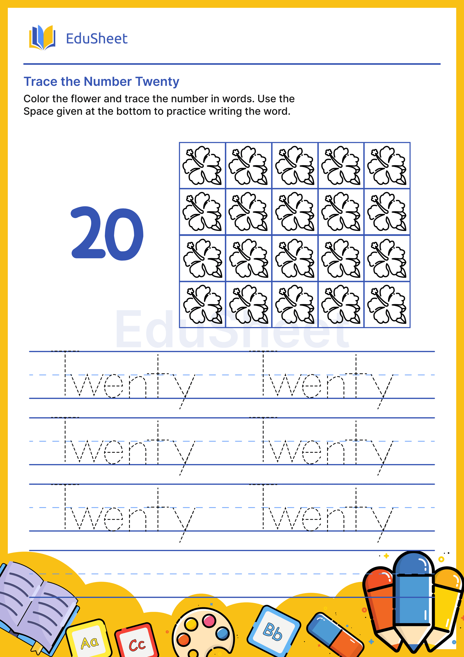 Trace Flower Numbers in Words "Twenty" Trace Flower Numbers in Words "Twenty"