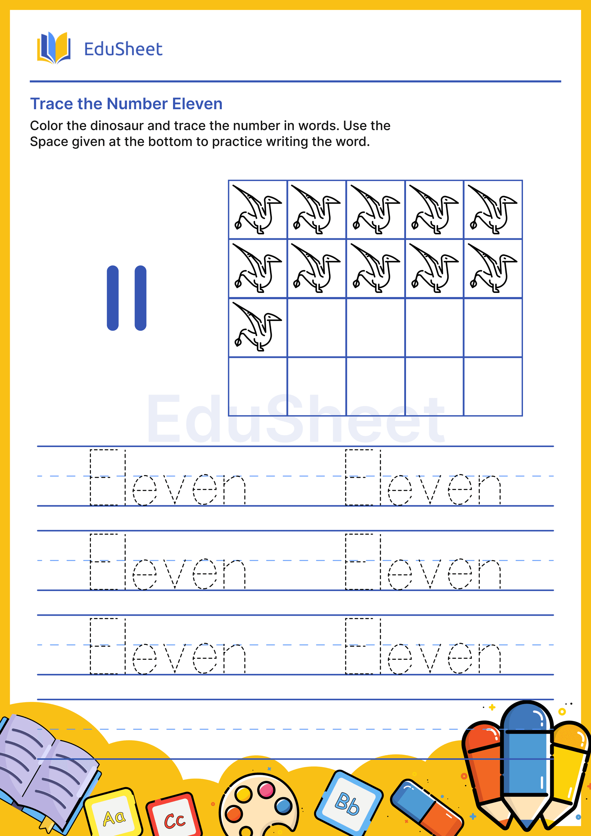 Trace dinosaur Numbers in Words "Eleven" Trace dinosaur Numbers in Words "Eleven"