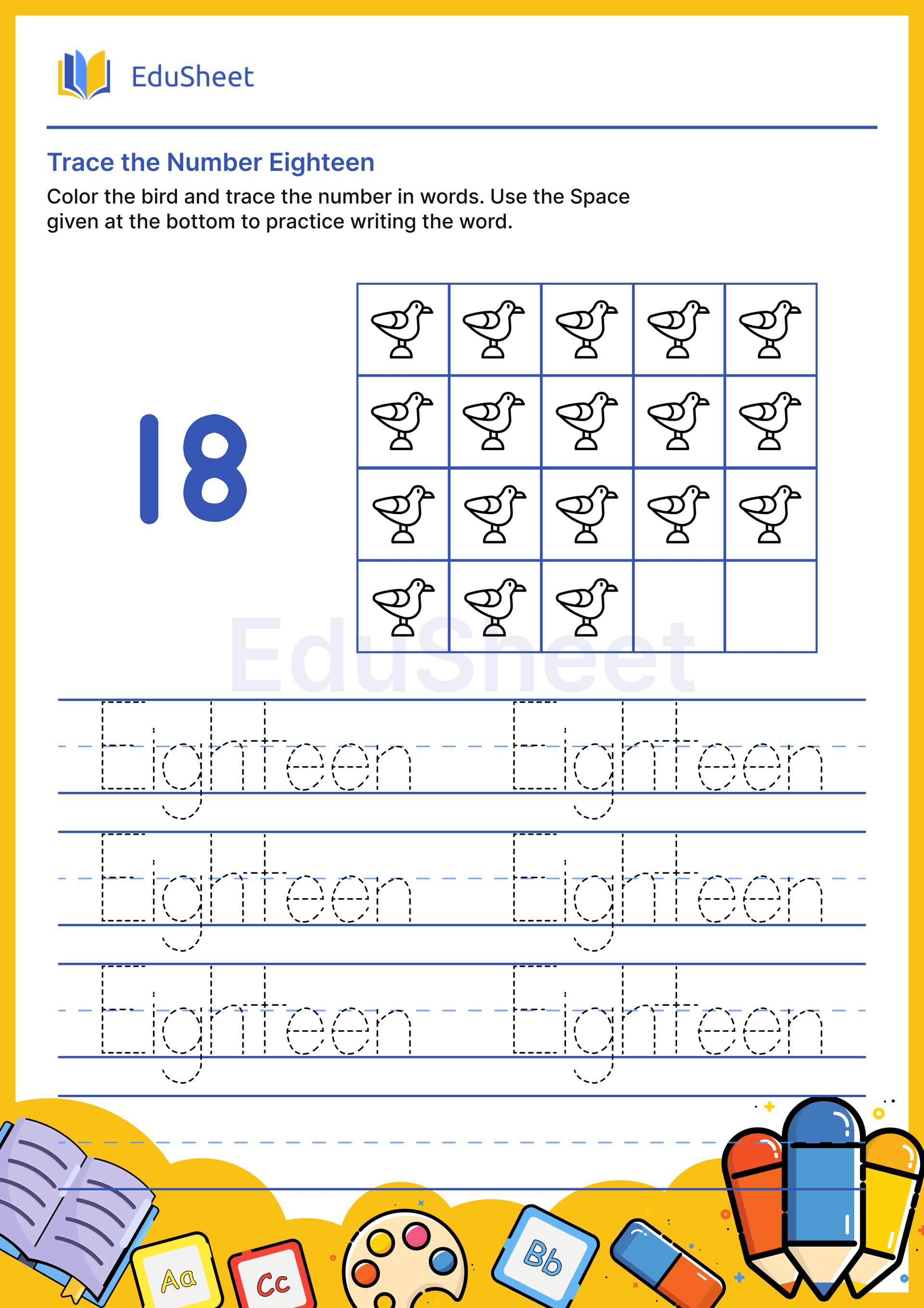 Trace Bird Numbers in Words "Eighteen" Trace Bird Numbers in Words "Eighteen"