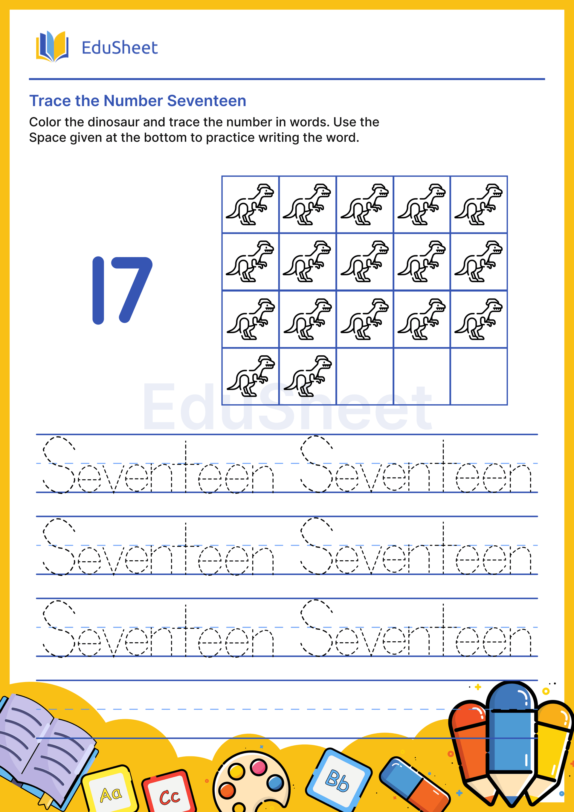 Trace dinosaur Numbers in Words "Seventeen" Trace dinosaur Numbers in Words "Seventeen"