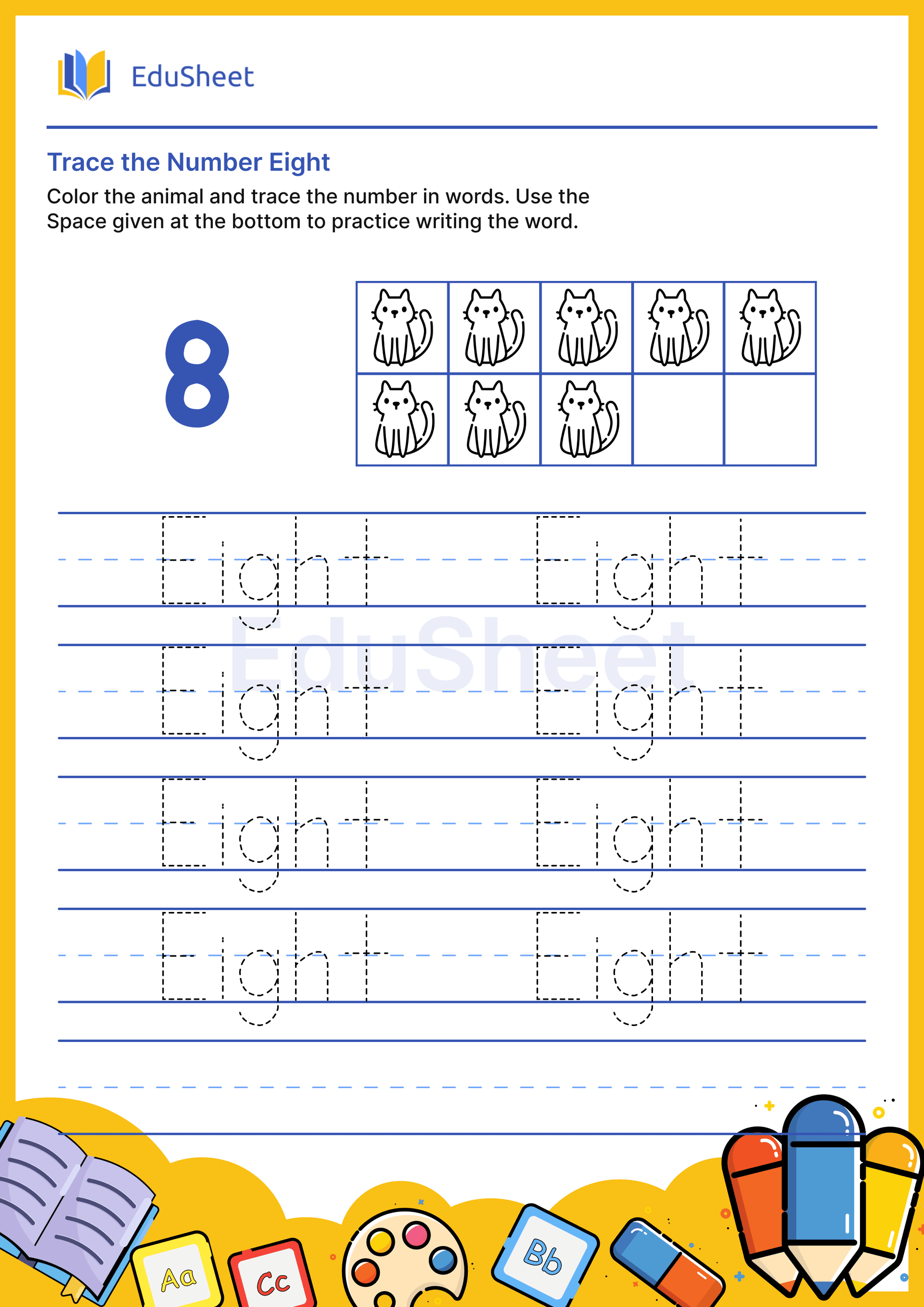 Trace Animal Numbers in Words "Eight" Trace Animal Numbers in Words "Eight"