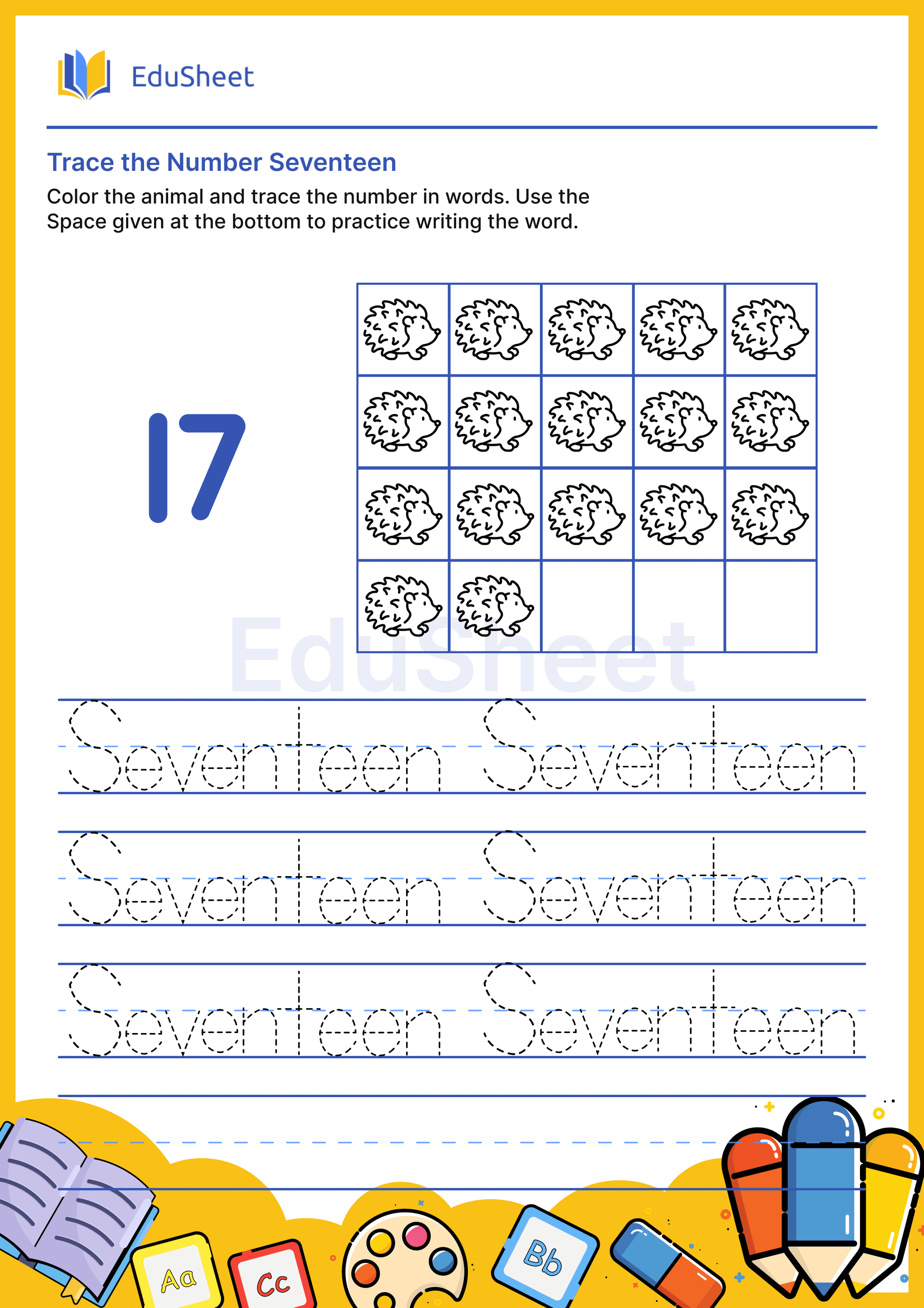 Trace Animal Numbers in Words "Seventeen" Trace Animal Numbers in Words "Seventeen"