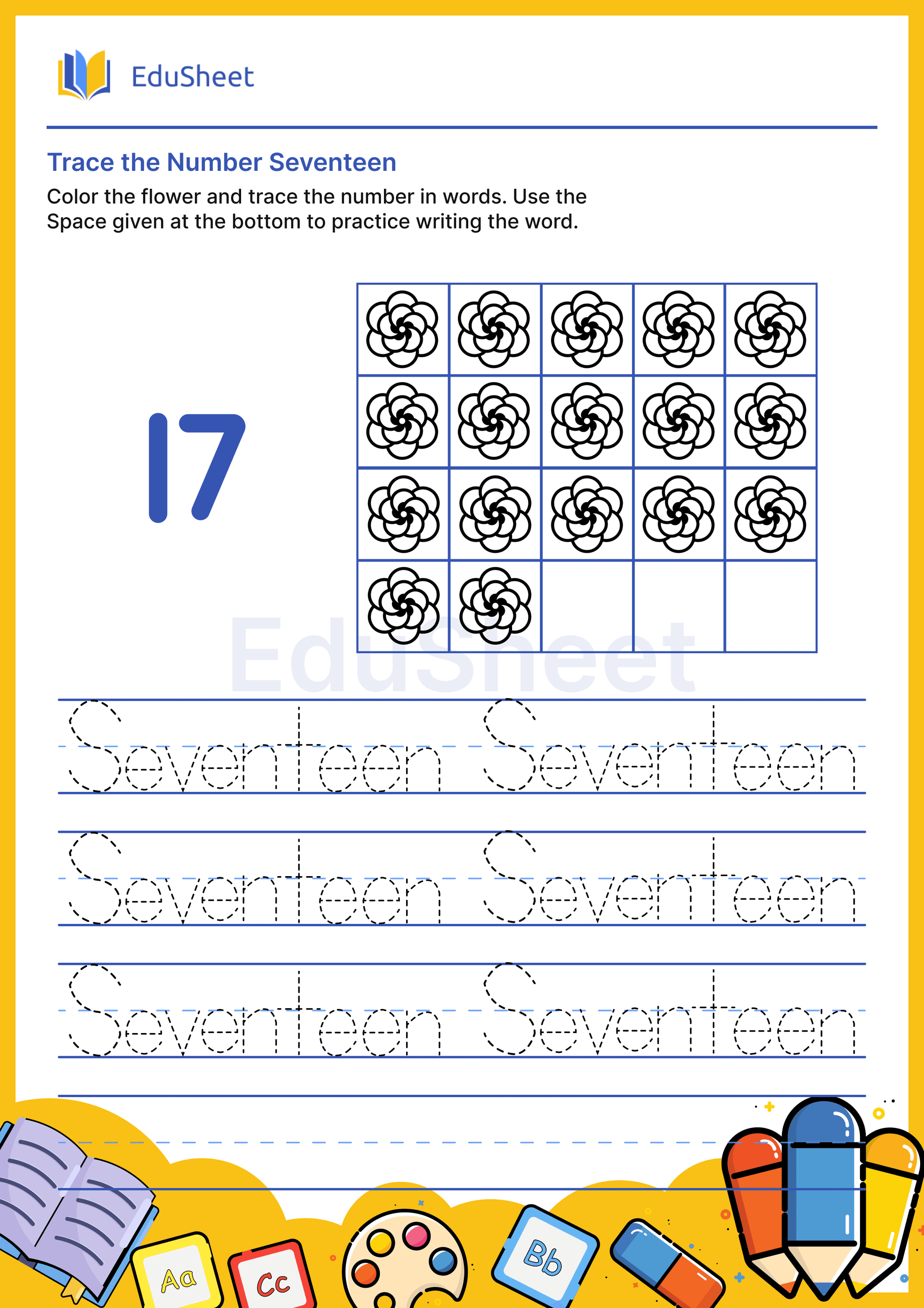 Trace Flower Numbers in Words "Seventeen" Trace Flower Numbers in Words "Seventeen"